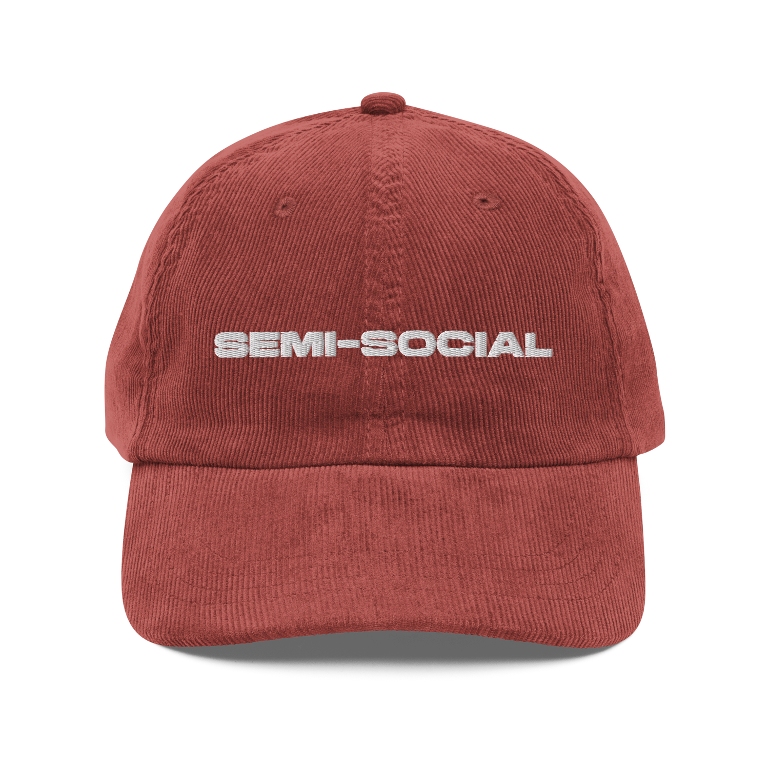 Semi-Social text on front view of rust colored corduroy dad hat