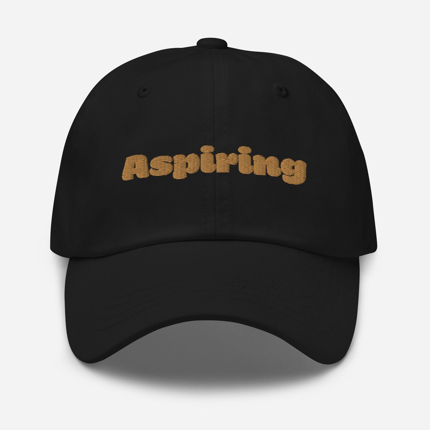 Los Angeles city editions with “Aspiring” type in gold embroidery on black casual dad hat front view on white background