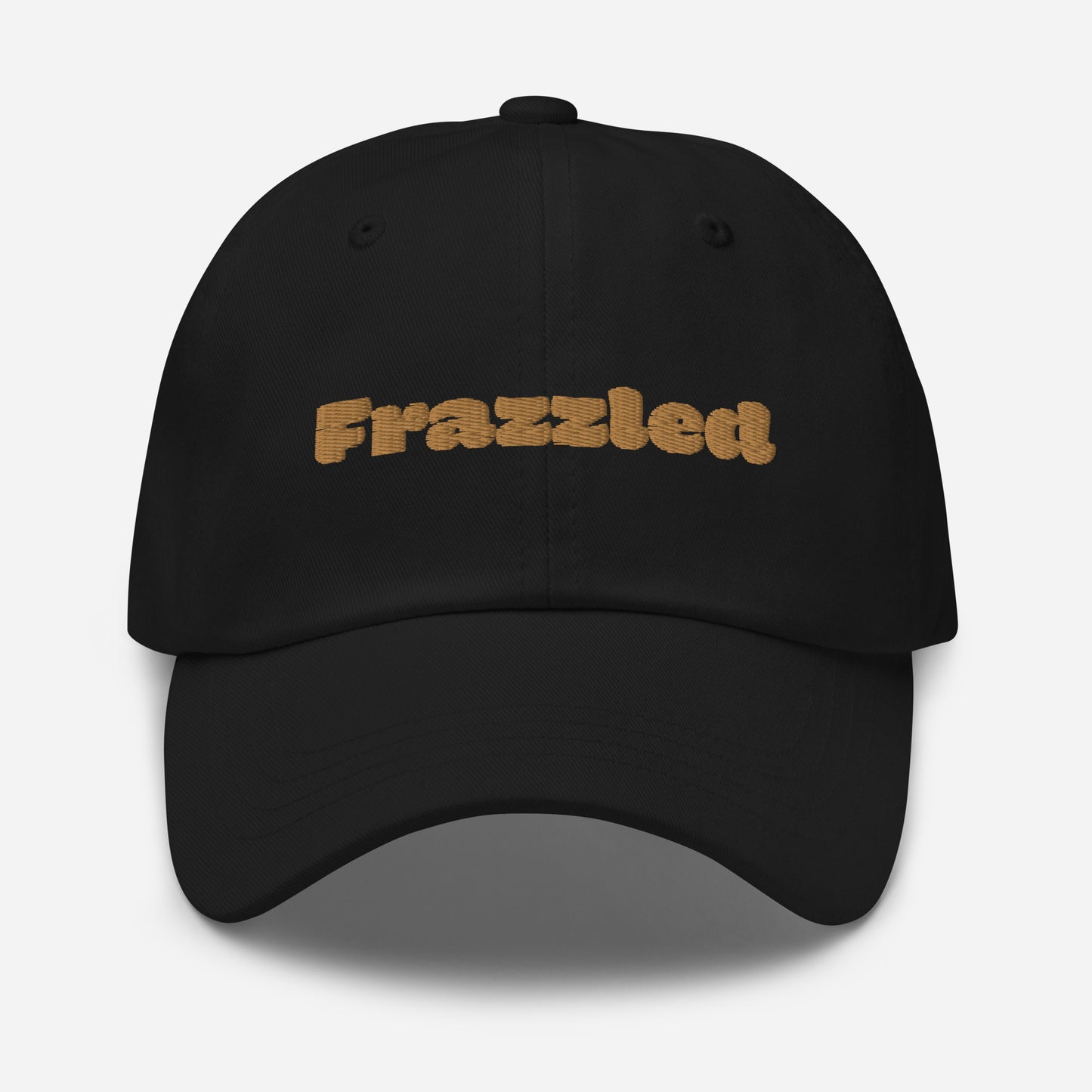 Los Angeles city editions with “Frazzled” type in gold embroidery on black casual dad hat front view on white background