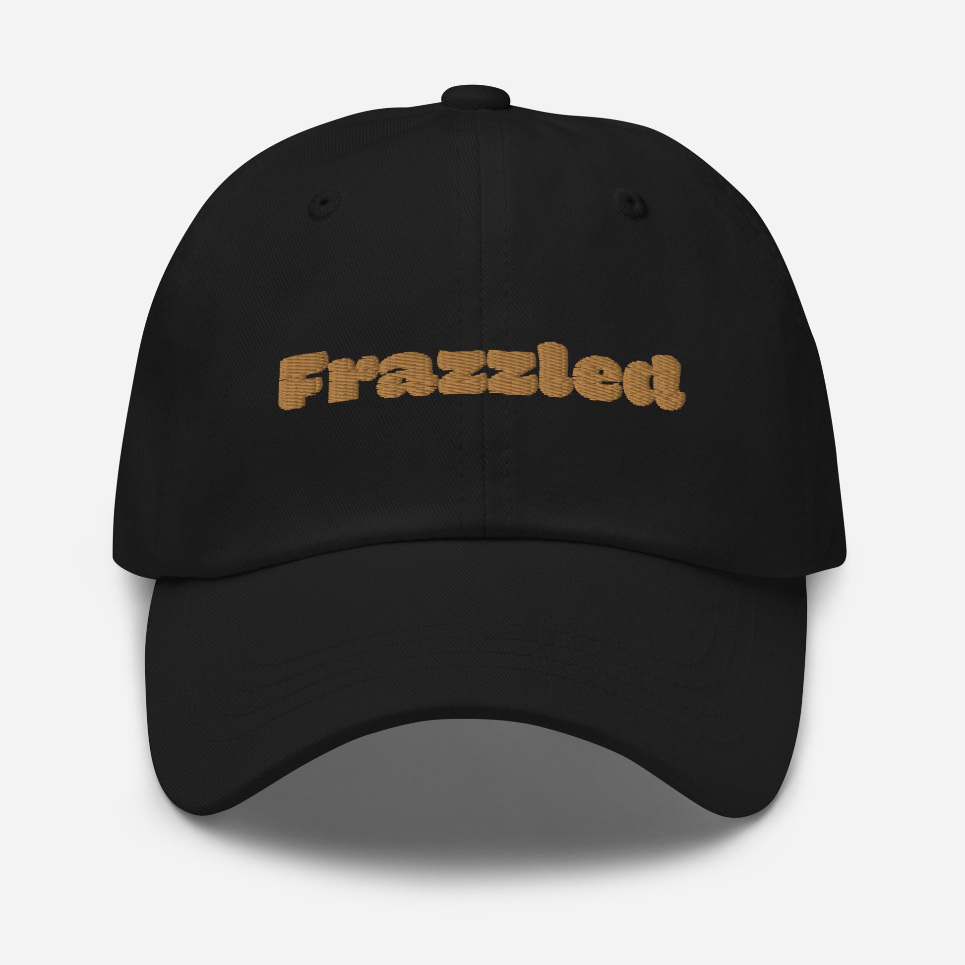 Los Angeles city editions with “Frazzled” type in gold embroidery on black casual dad hat front view on white background