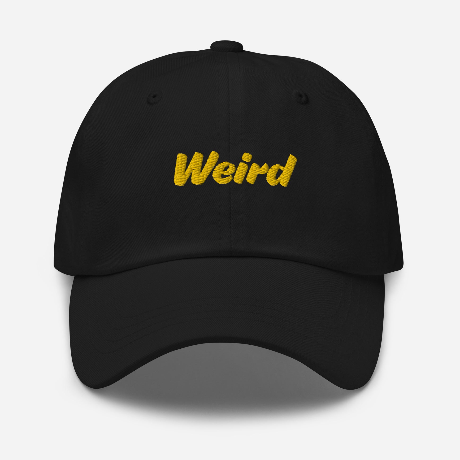 Austin city editions with “Weird” type in yellow embroidery on black casual dad hat front view on white background