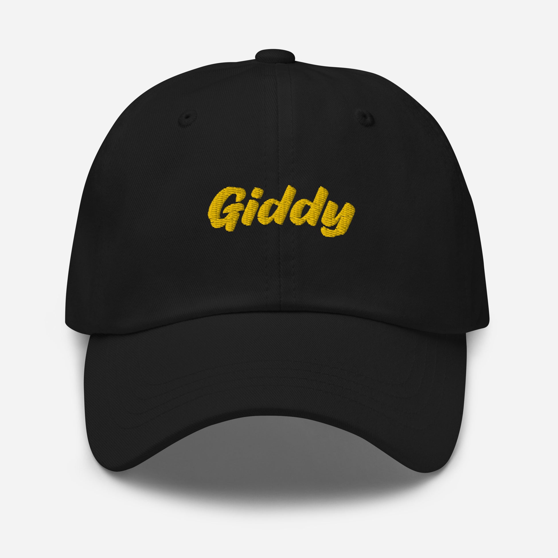 Austin city editions with “Giddy” type in yellow embroidery on black casual dad hat front view on white background