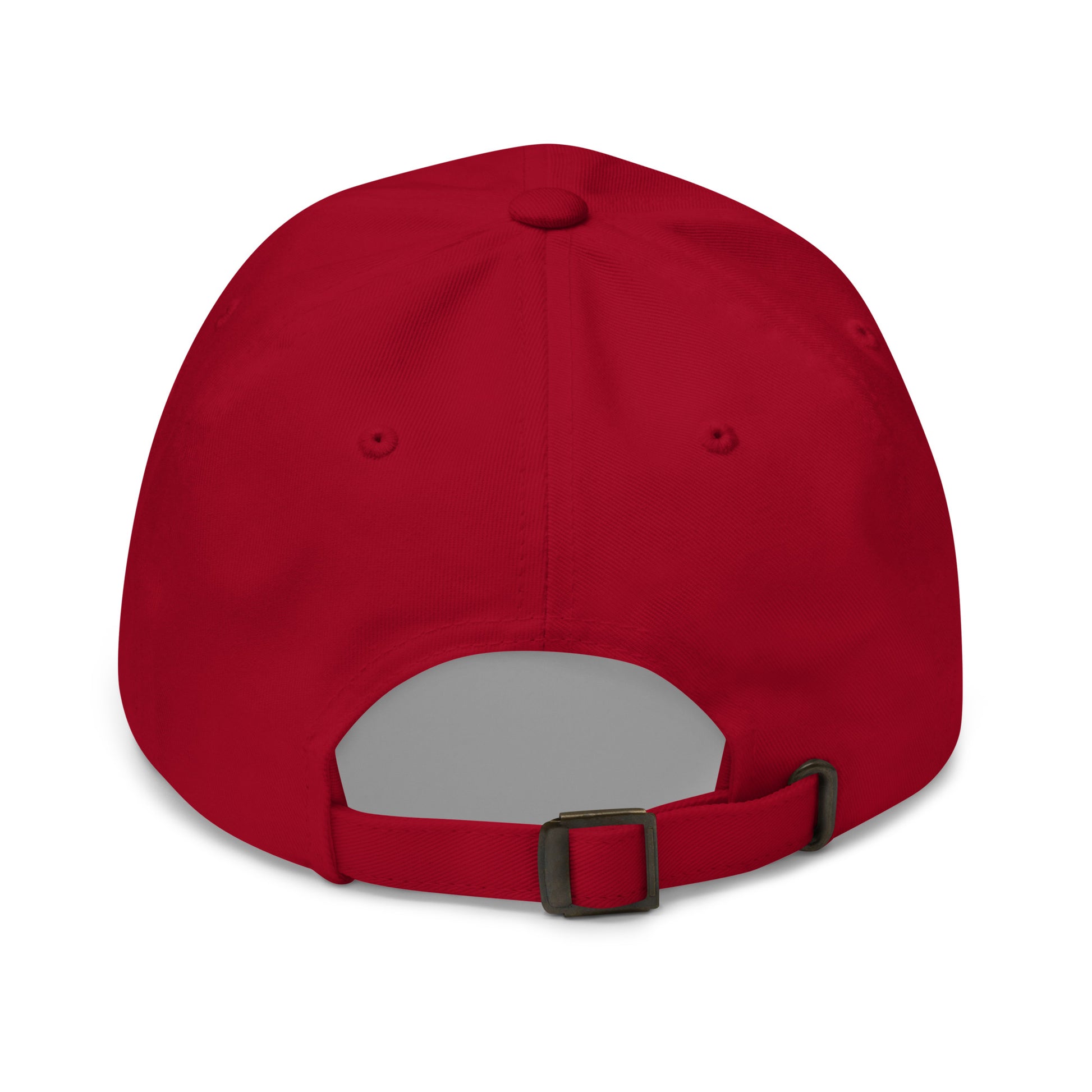 Chicago city editions with “Industrious” type in blue embroidery on red casual dad hat back view on white background