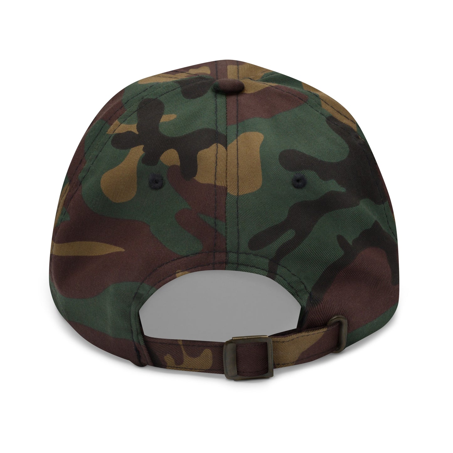 Austin city editions with “Giddy” type in yellow embroidery on camo casual dad hat back view on white background