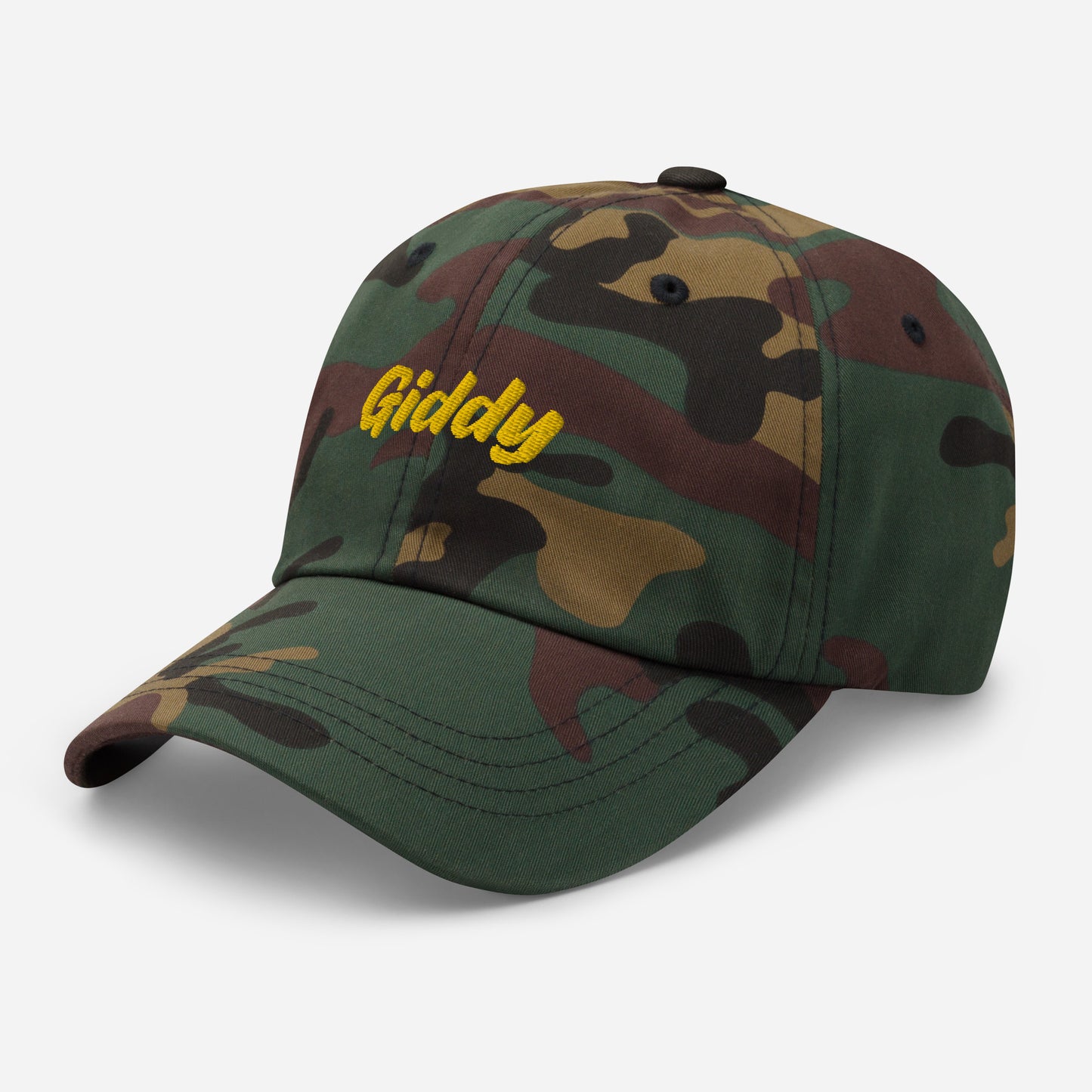 Austin city editions with “Giddy” type in yellow embroidery on camo casual dad hat front side view on white background