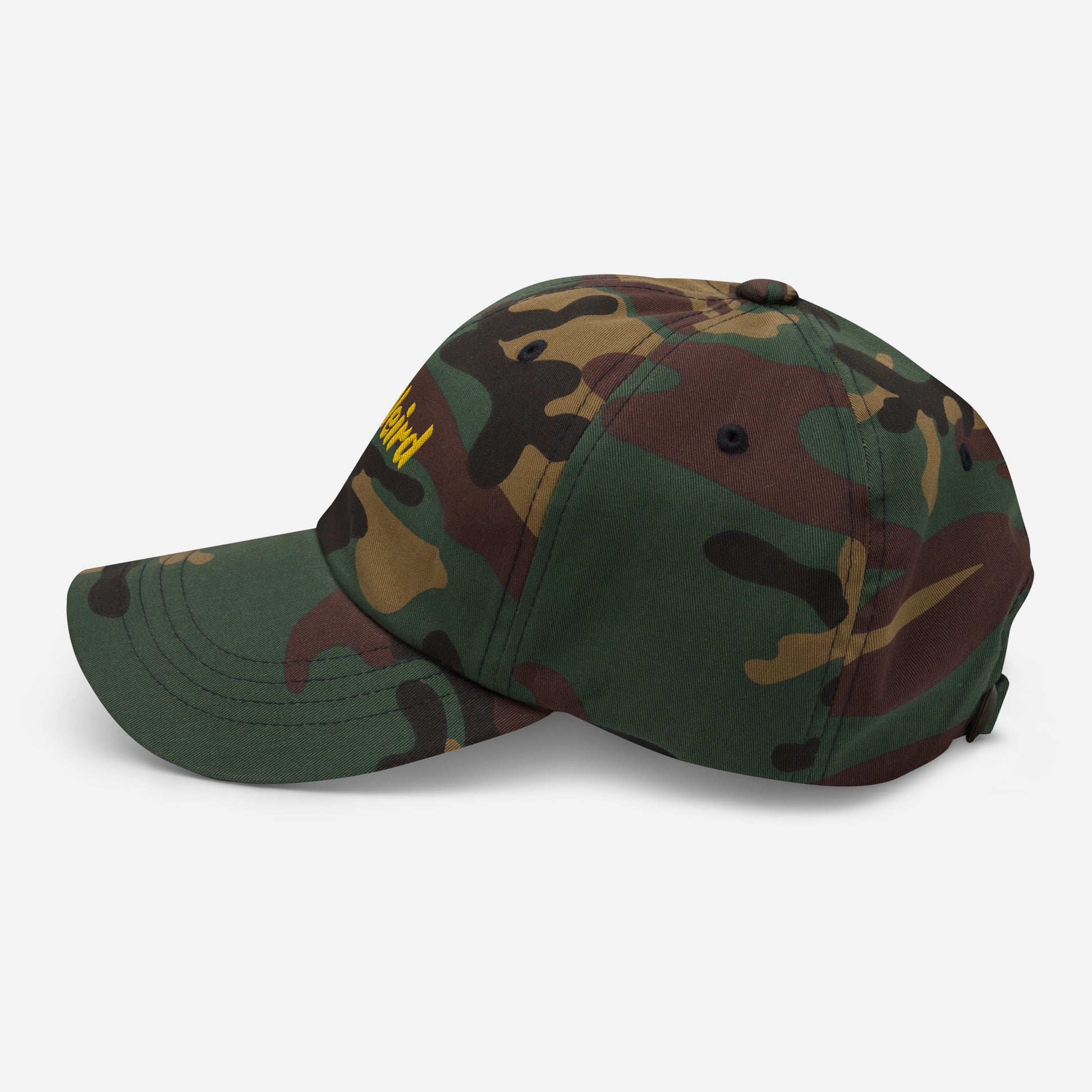 Austin city editions with “Weird” type in yellow embroidery on camo casual dad hat side view on white background