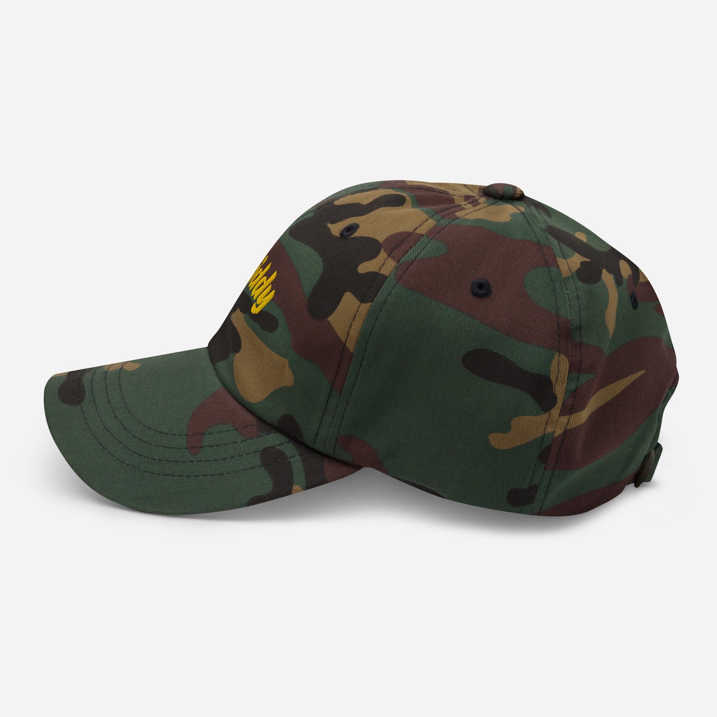 Austin city editions with “Giddy” type in yellow embroidery on camo casual dad hat side view on white background