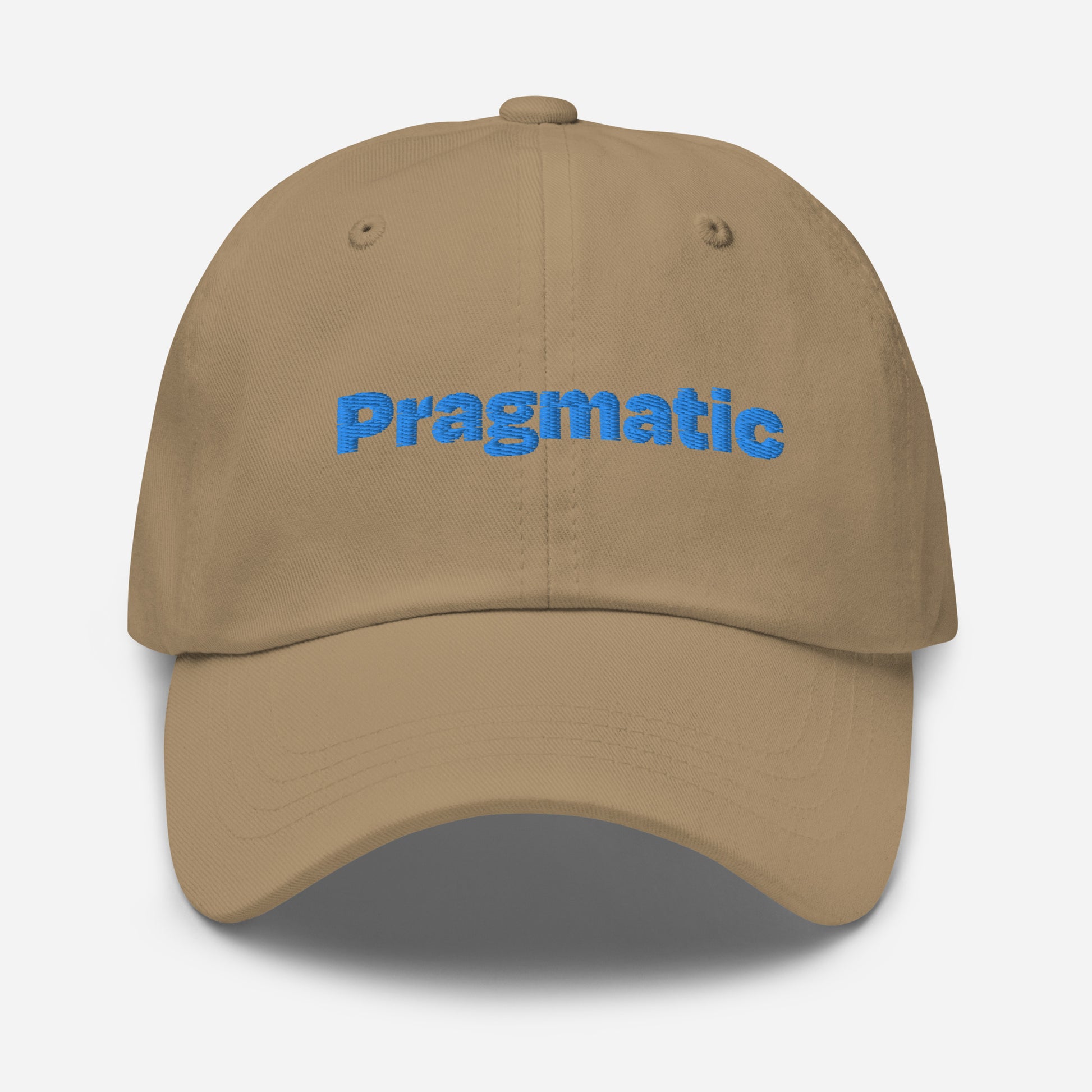 Chicago city editions with “Pragmatic” type in blue embroidery on khaki casual dad hat front view on white background