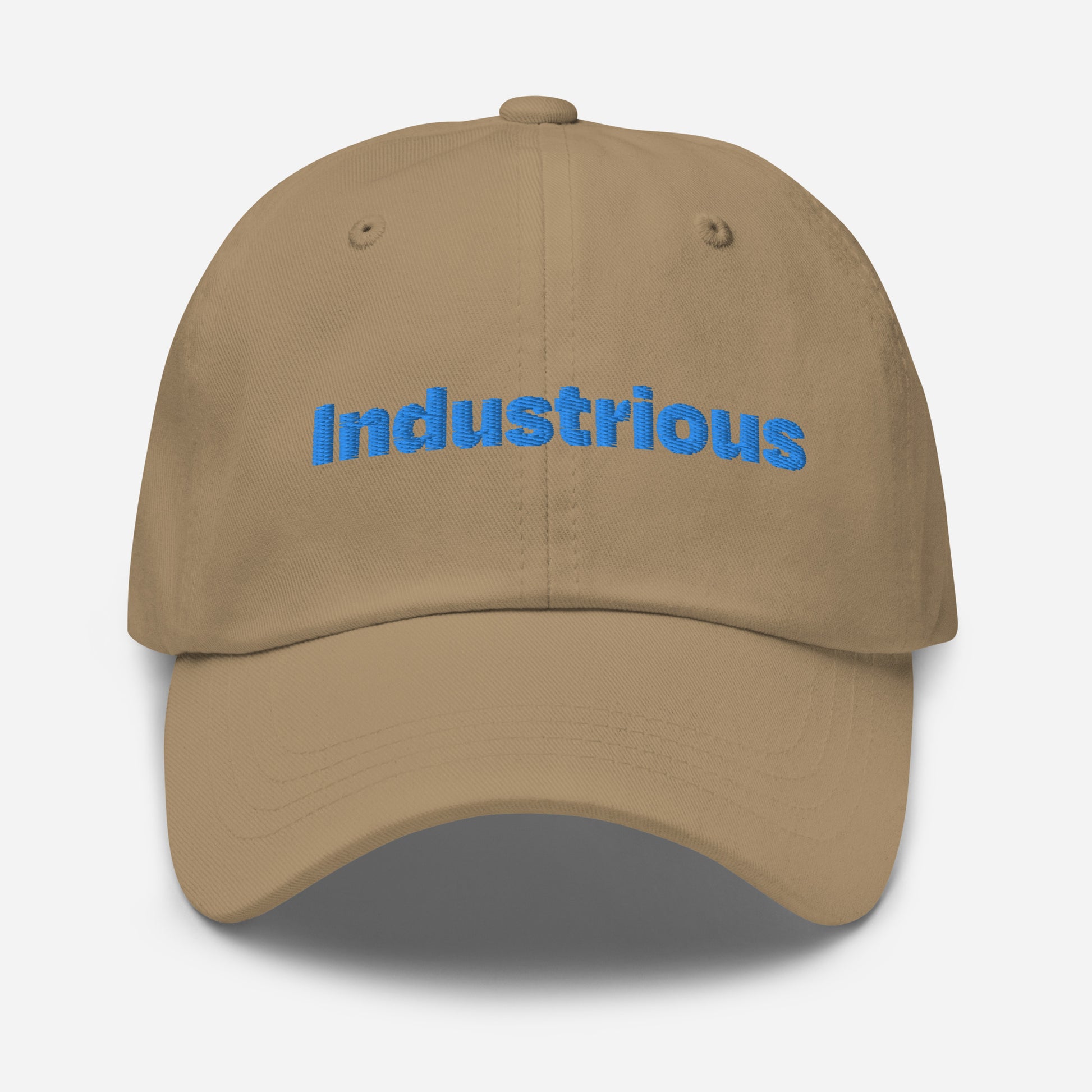 Chicago city editions with “Industrious” type in blue embroidery on khaki casual dad hat front view on white background