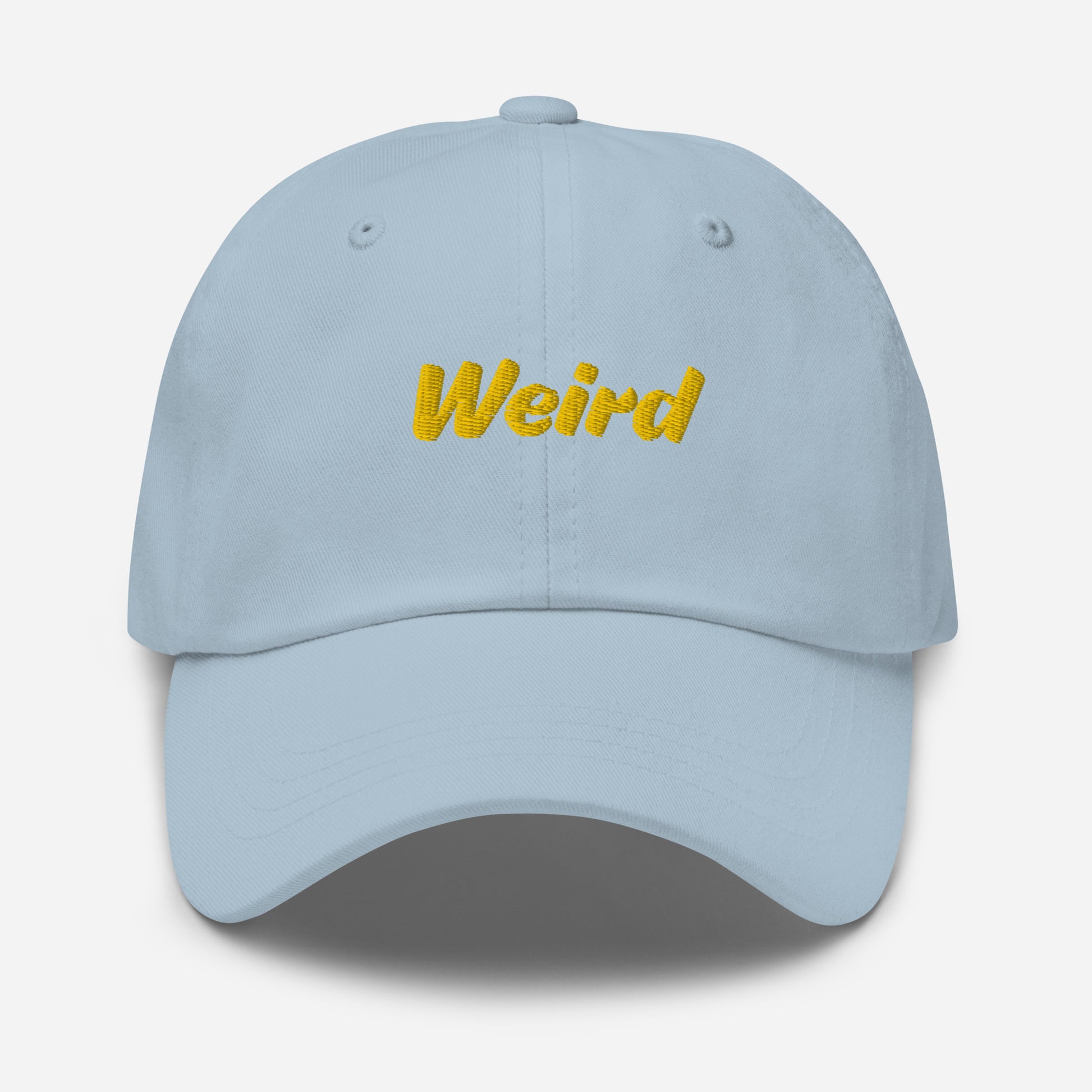 Austin city editions with “Weird” type in yellow embroidery on light blue casual dad hat front view on white background