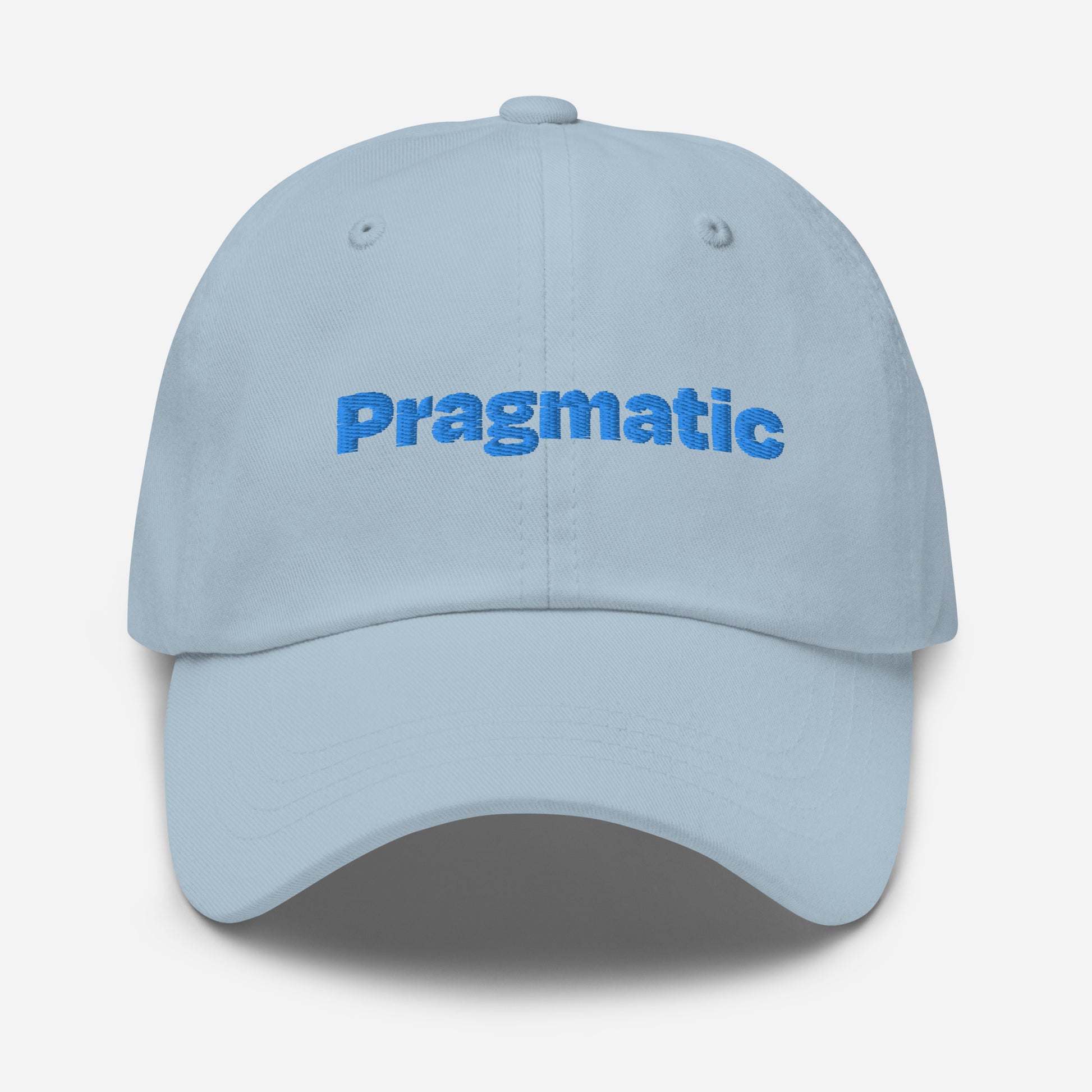 Chicago city editions with “Pragmatic” type in blue embroidery on light blue casual dad hat front view on white background