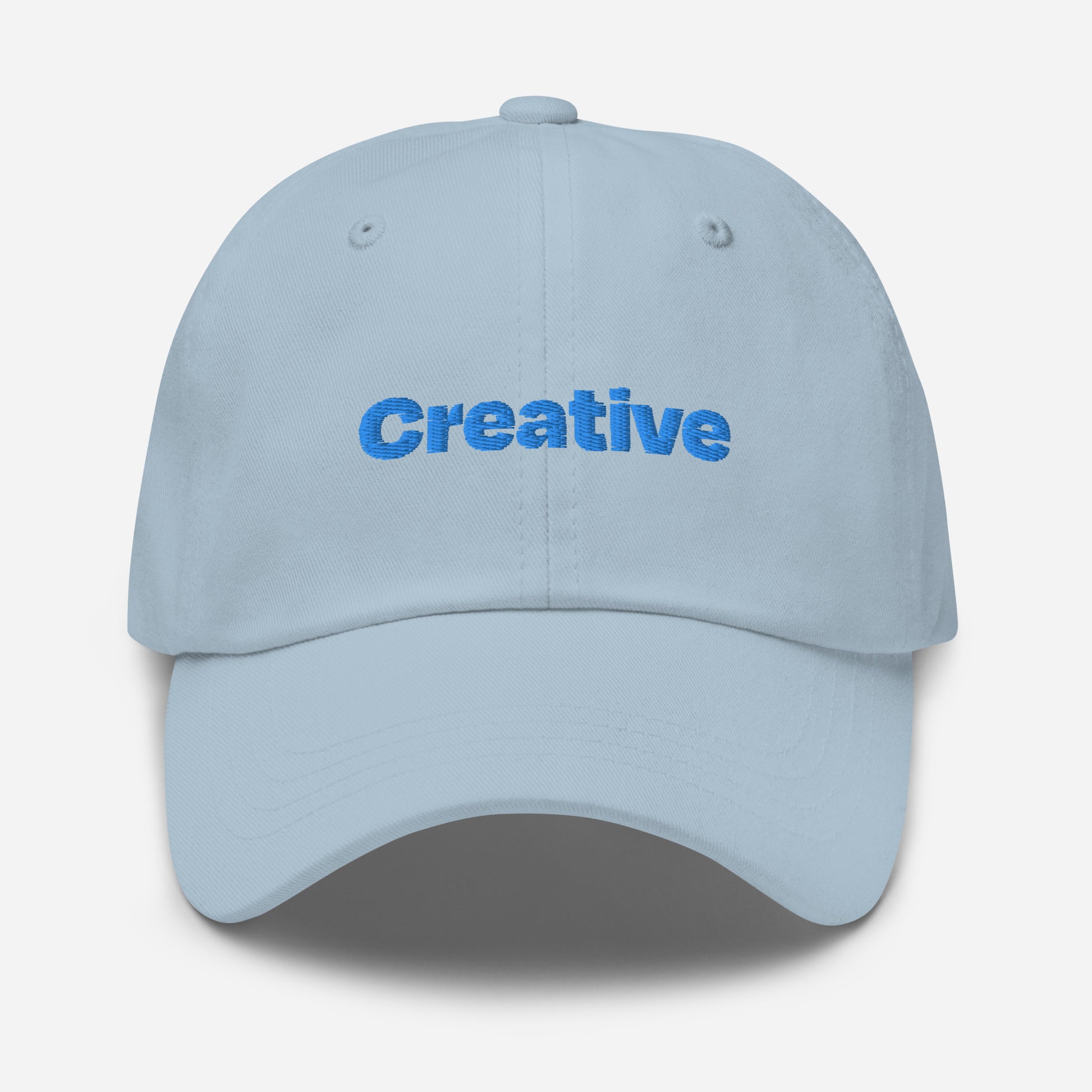 Chicago city editions with “Creative” type in blue embroidery on light blue casual dad hat front view on white background