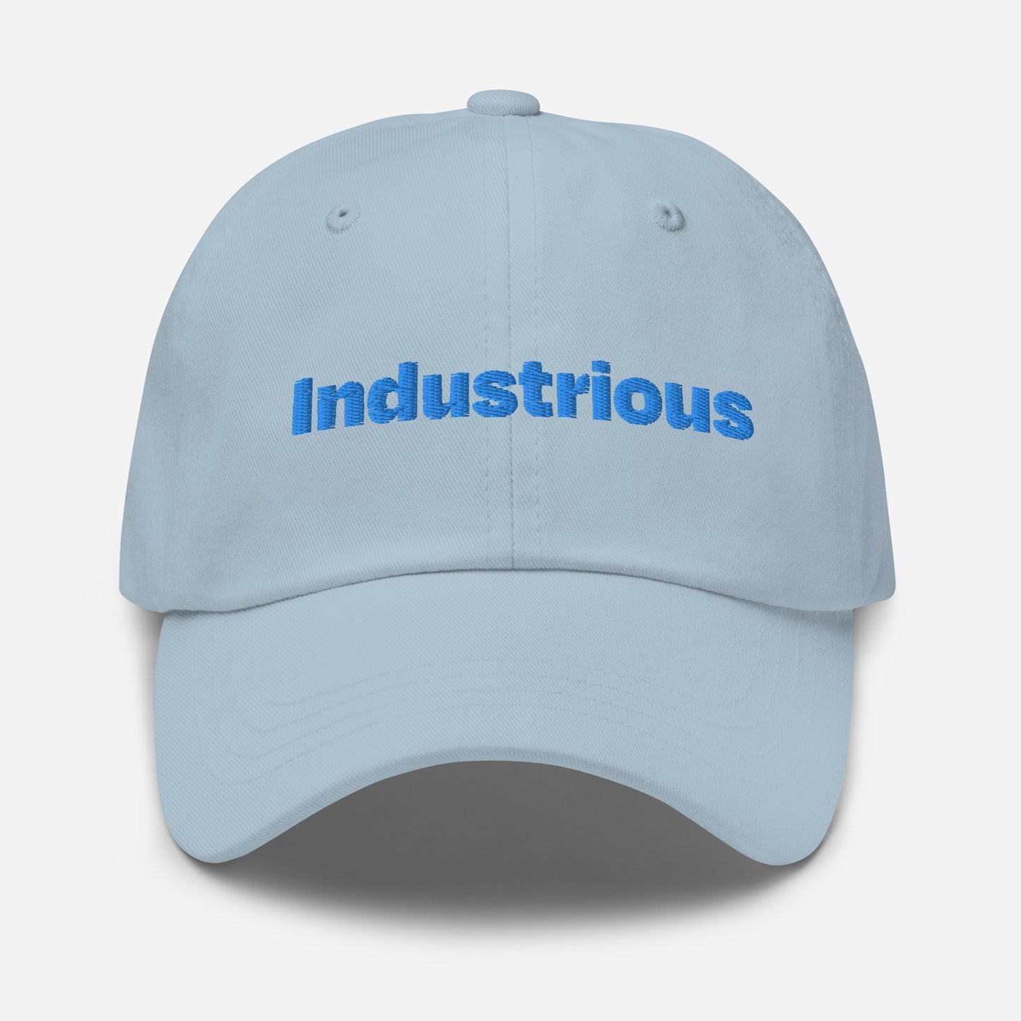 Chicago city editions with “Industrious” type in blue embroidery on light blue casual dad hat front view on white background