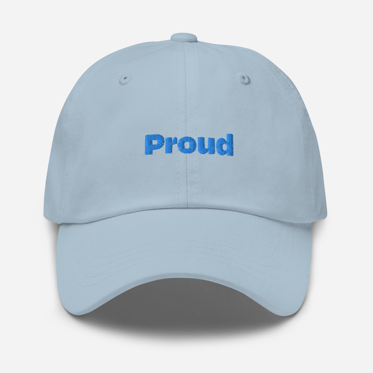 Chicago city editions with “Proud” type in blue embroidery on light blue casual dad hat front view on white background