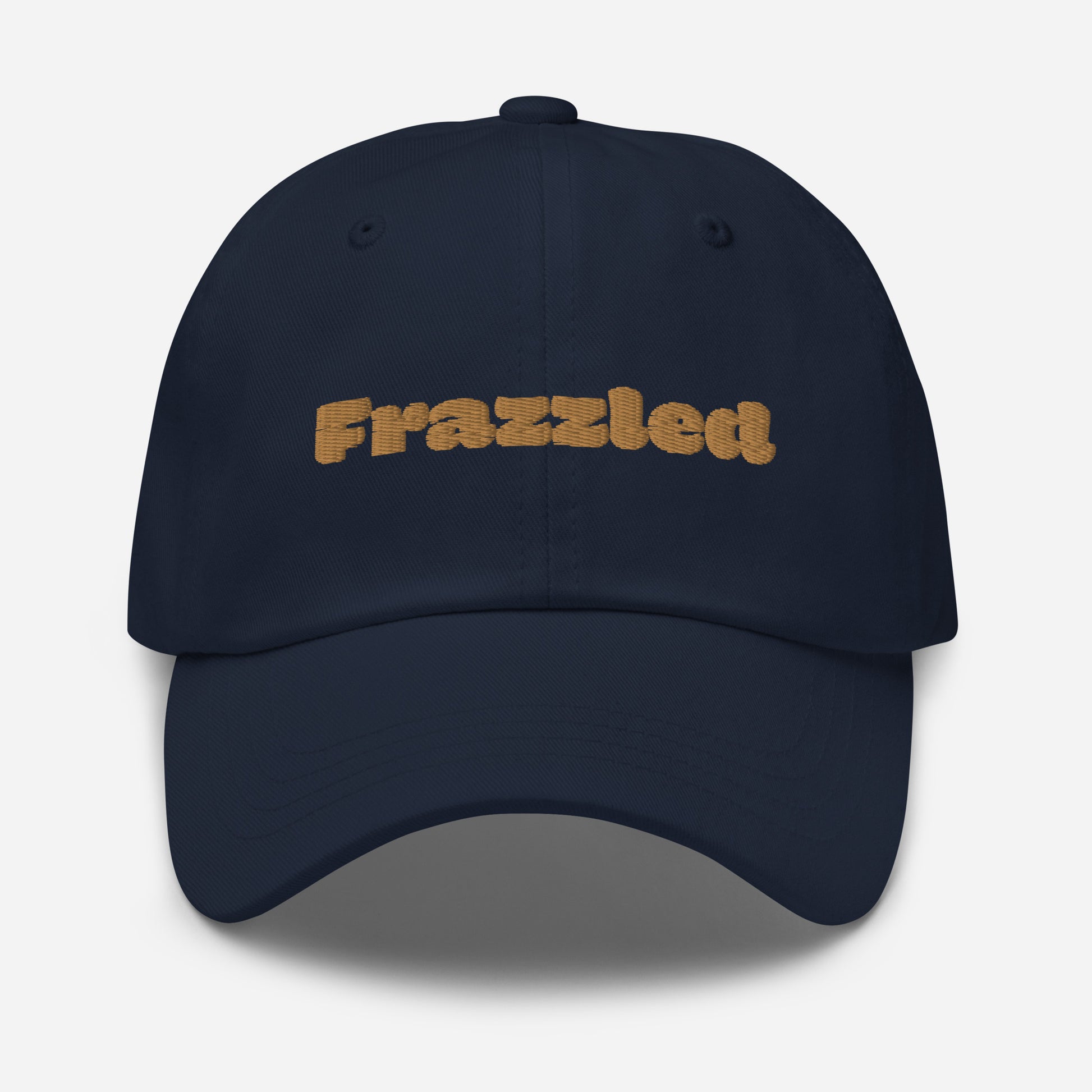 Los Angeles city editions with “Frazzled” type in gold embroidery on navy casual dad hat front view on white background