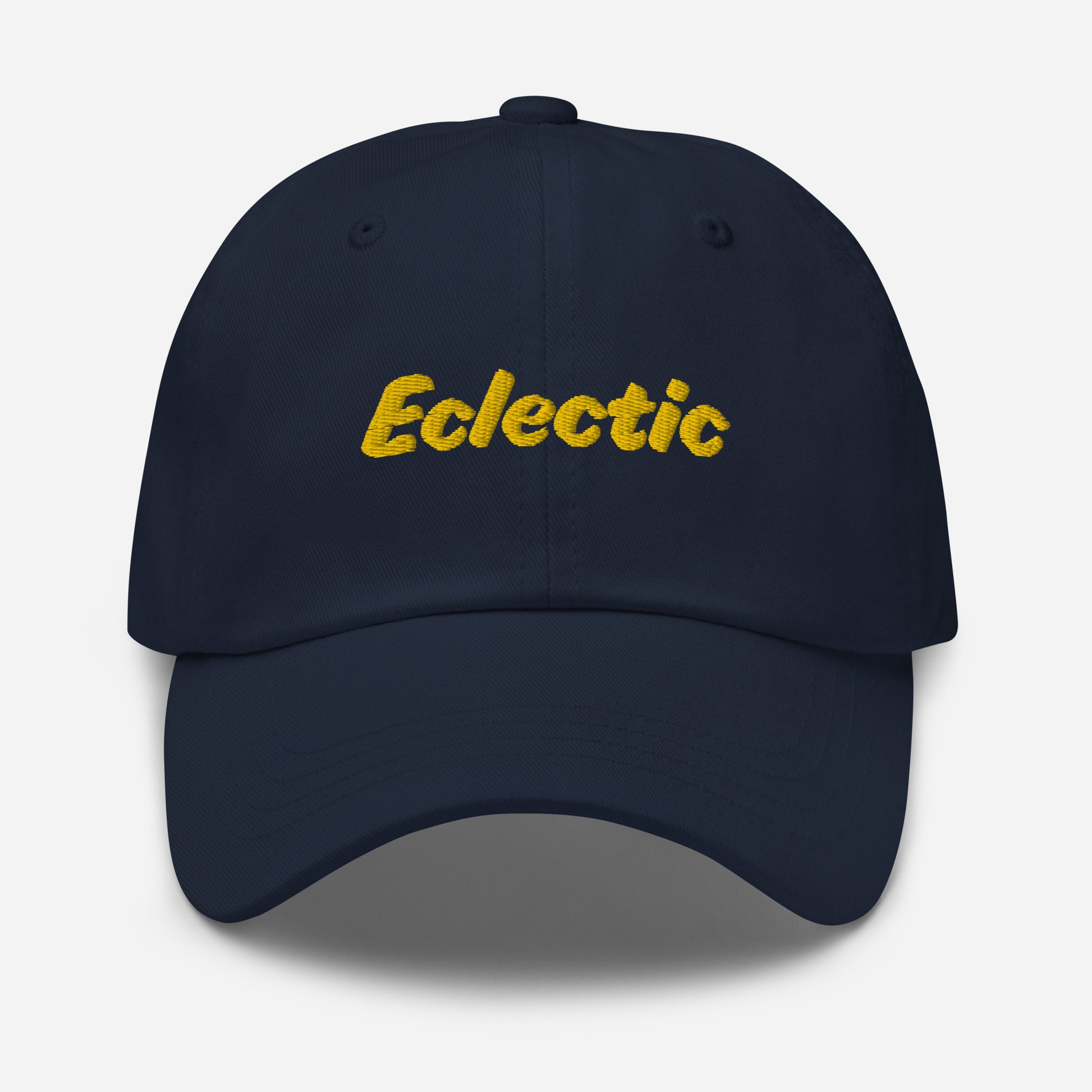 Austin city editions with “Eclectic” type in yellow embroidery on navy casual dad hat front view on white background