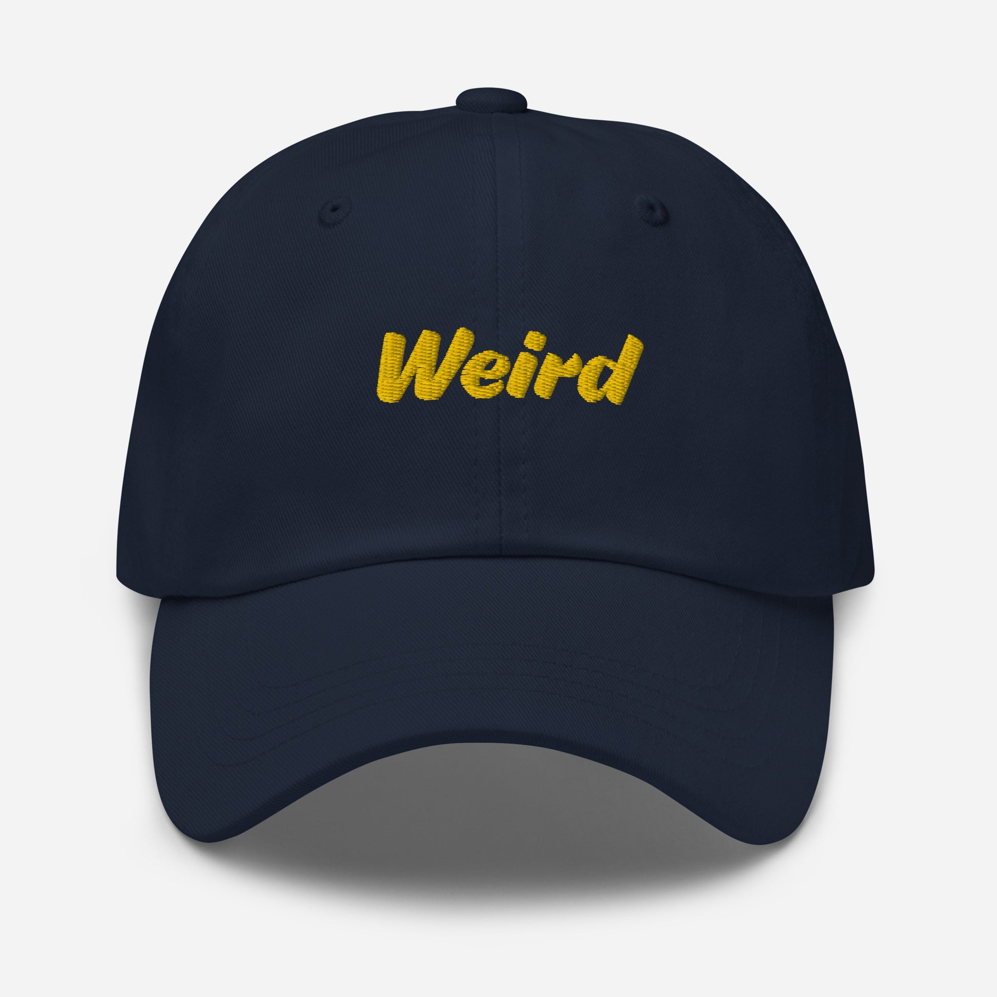 Austin city editions with “Weird” type in yellow embroidery on navy casual dad hat front view on white background