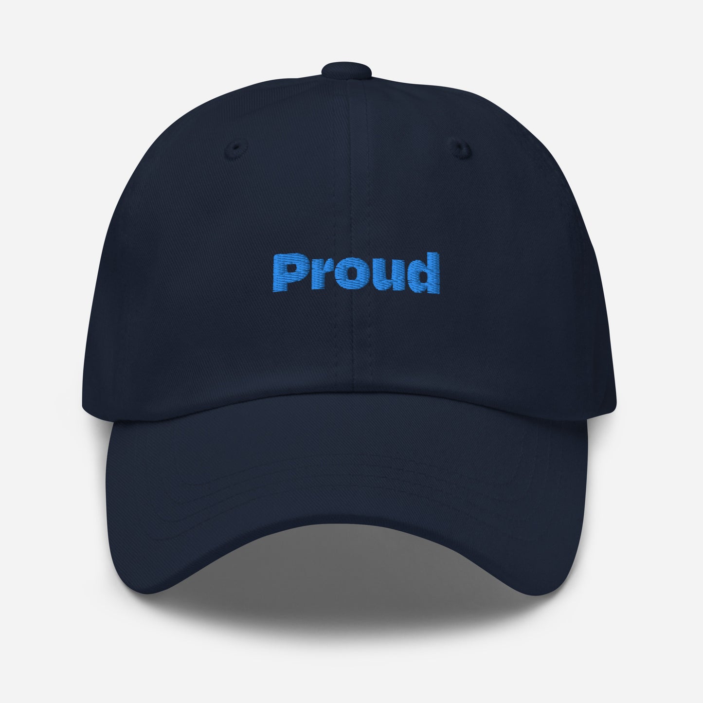 Chicago city editions with “Proud” type in blue embroidery on navy casual dad hat front view on white background