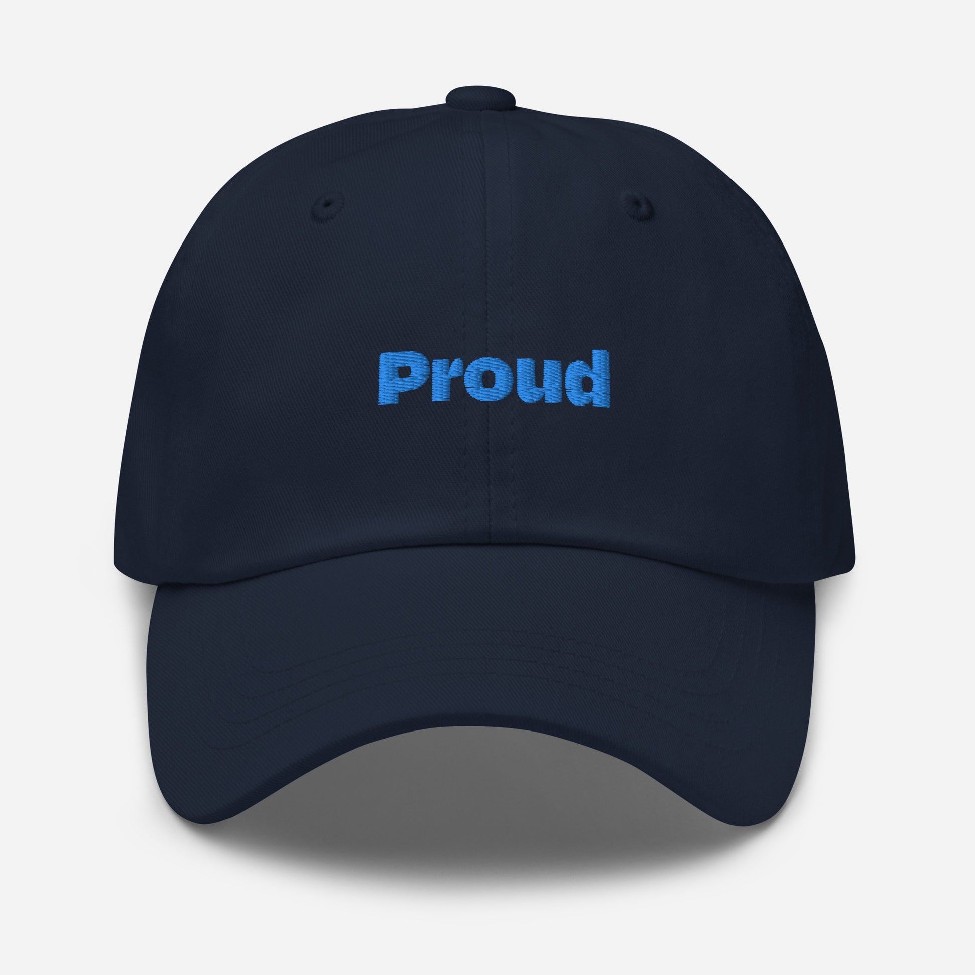 Chicago city editions with “Proud” type in blue embroidery on navy casual dad hat front view on white background
