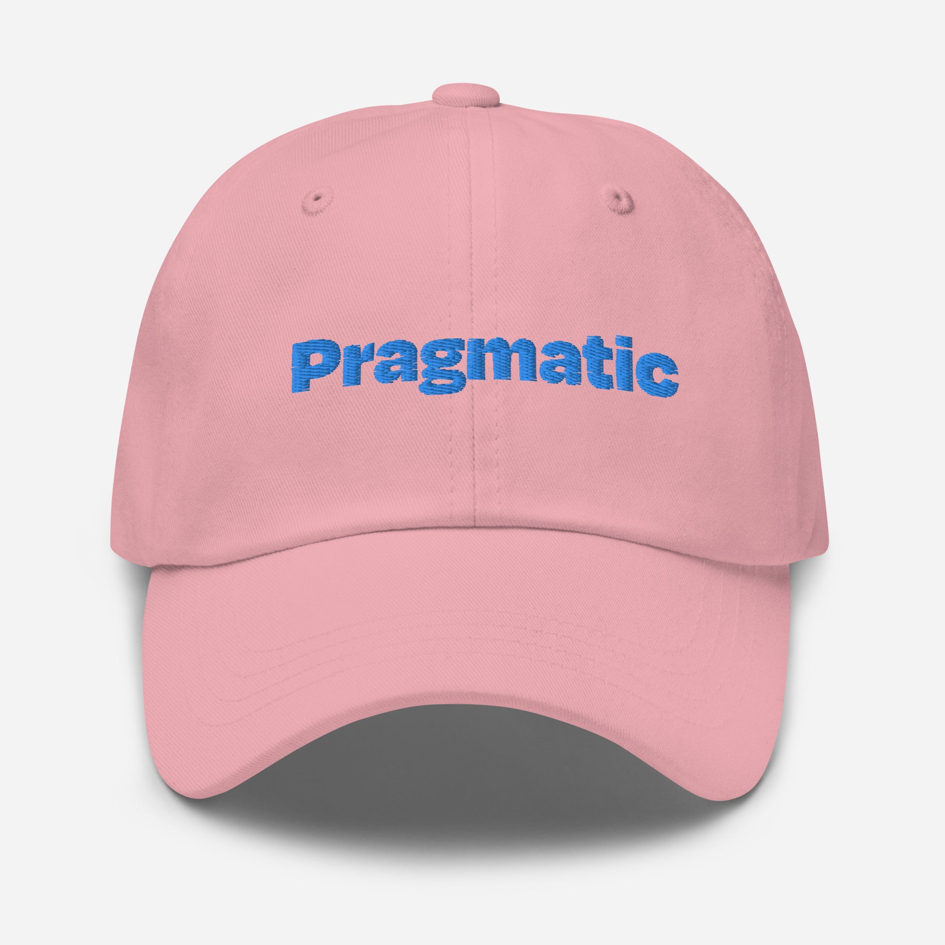 Chicago city editions with “Pragmatic” type in blue embroidery on pink casual dad hat front view on white background