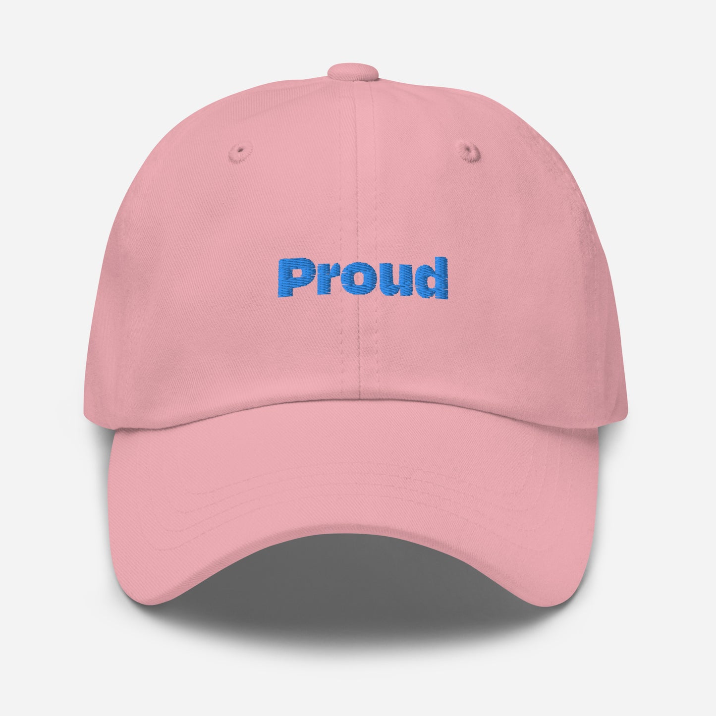 Chicago city editions with “Proud” type in blue embroidery on pink casual dad hat front view on white background