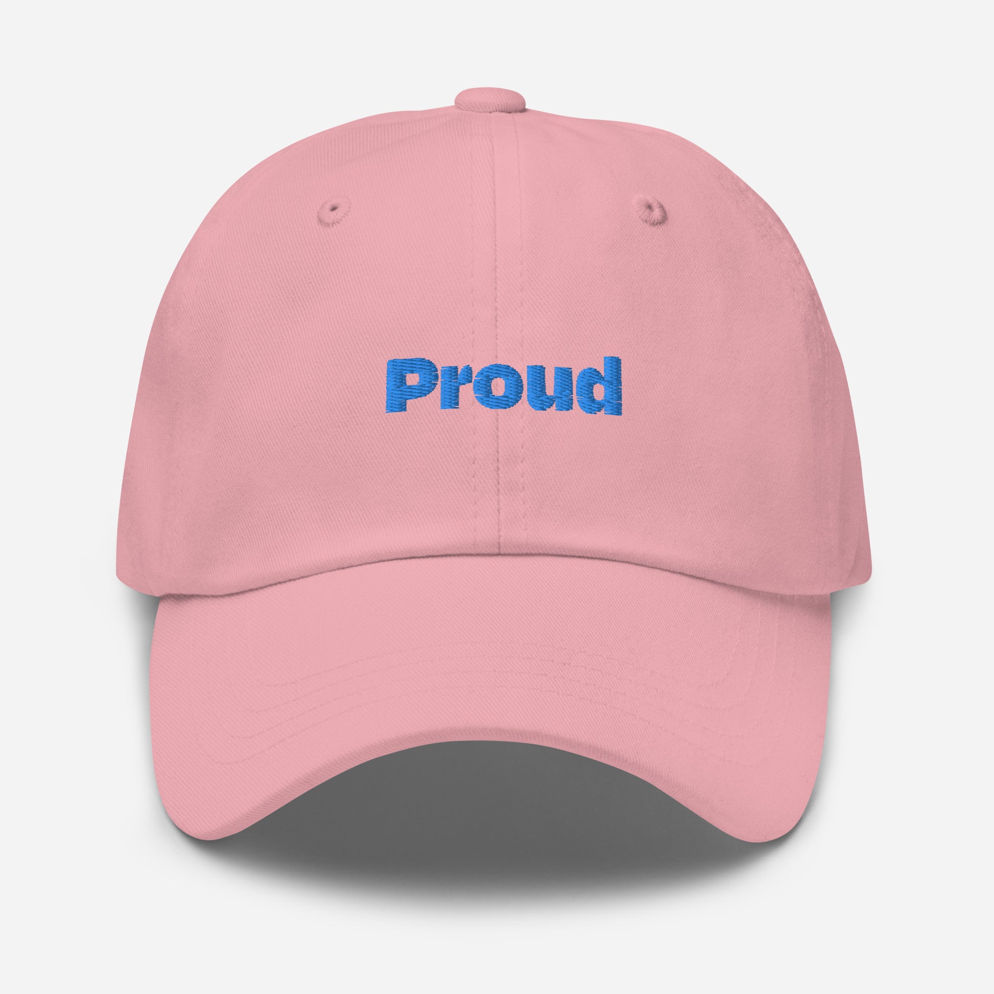 Chicago city editions with “Proud” type in blue embroidery on pink casual dad hat front view on white background