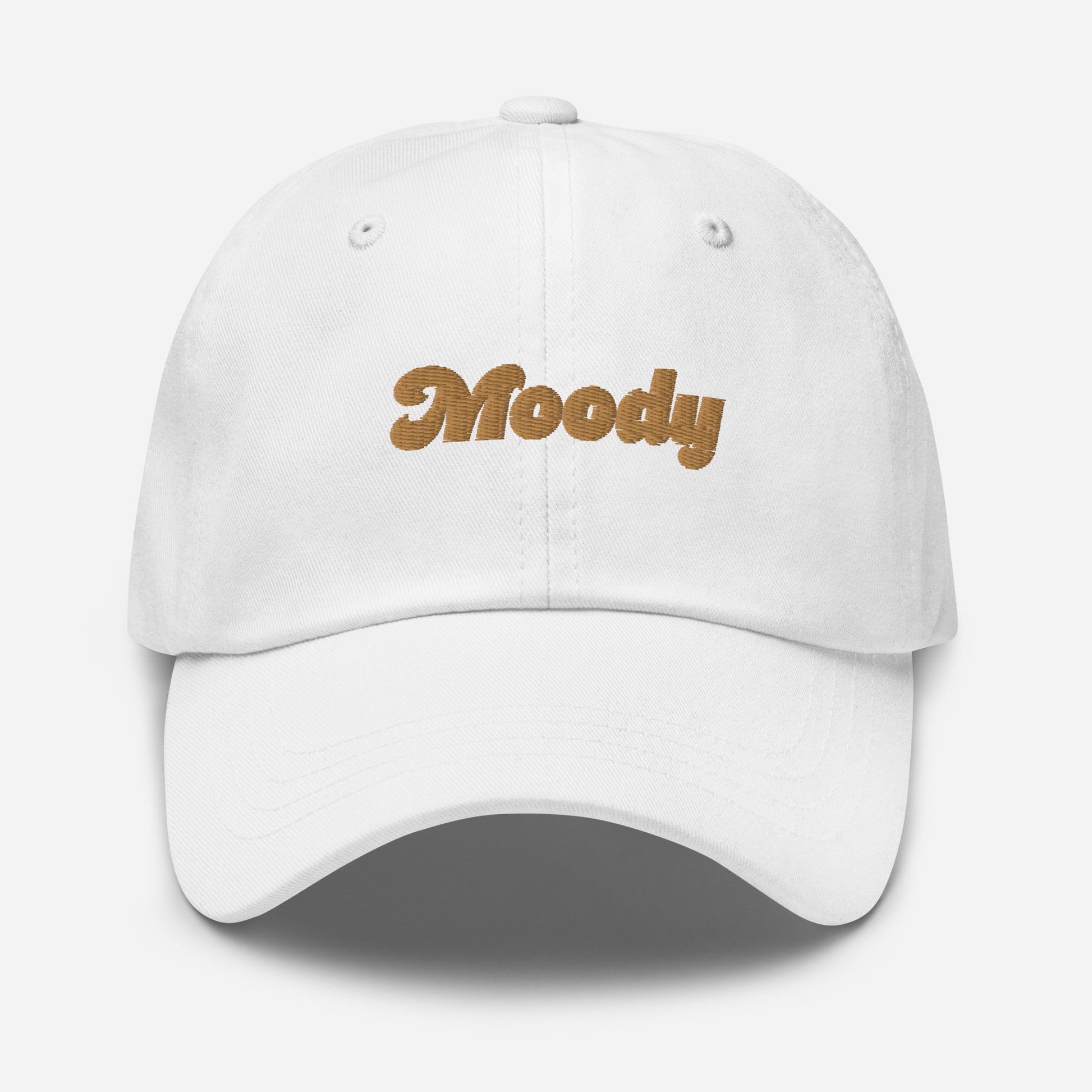 Portland city editions with “Moody” type in gold embroidery on white casual dad hat front view on white background