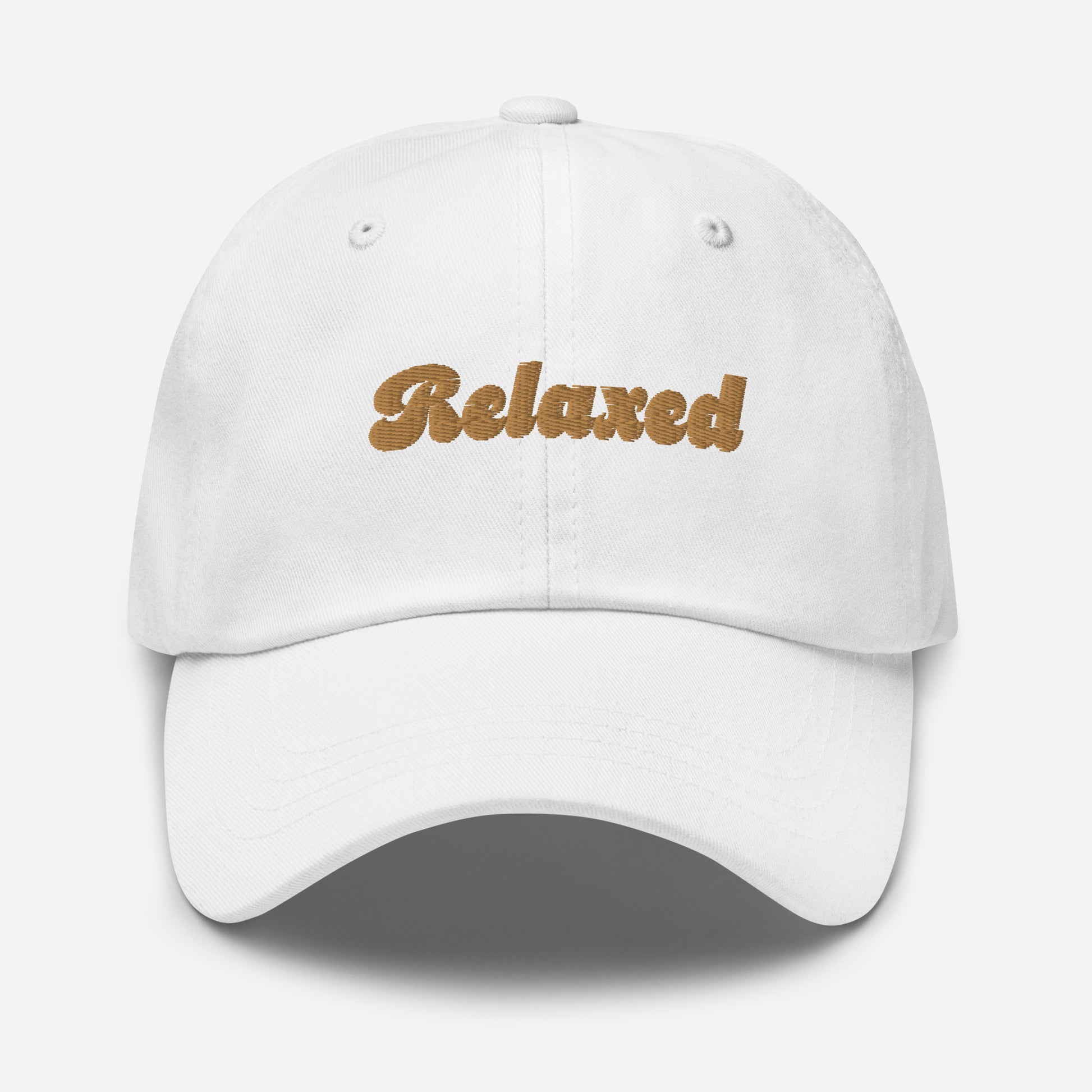 Portland city editions with “Relaxed” type in gold embroidery on white casual dad hat front view on white background