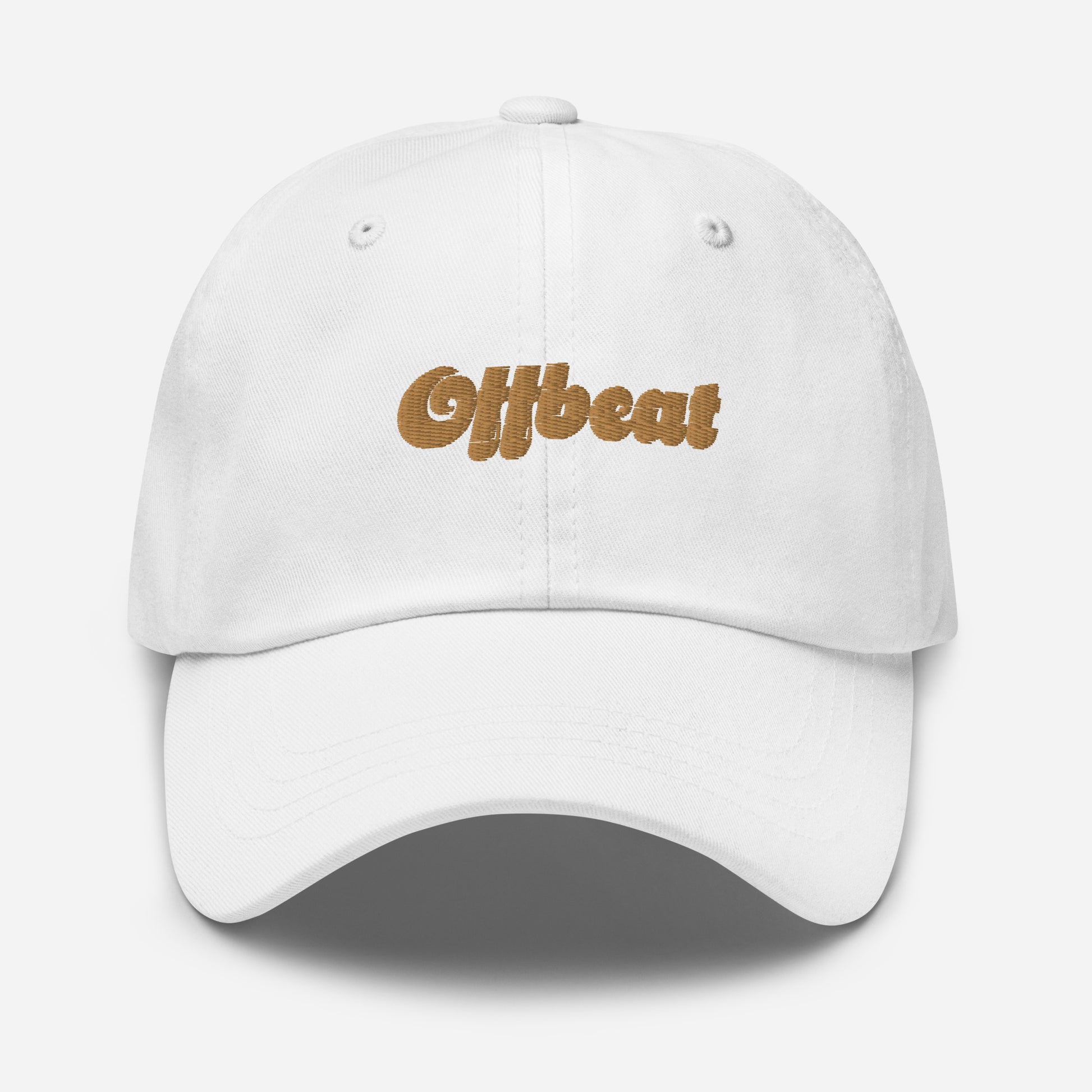 Portland city editions with “Offbeat” type in gold embroidery on white casual dad hat front view on white background