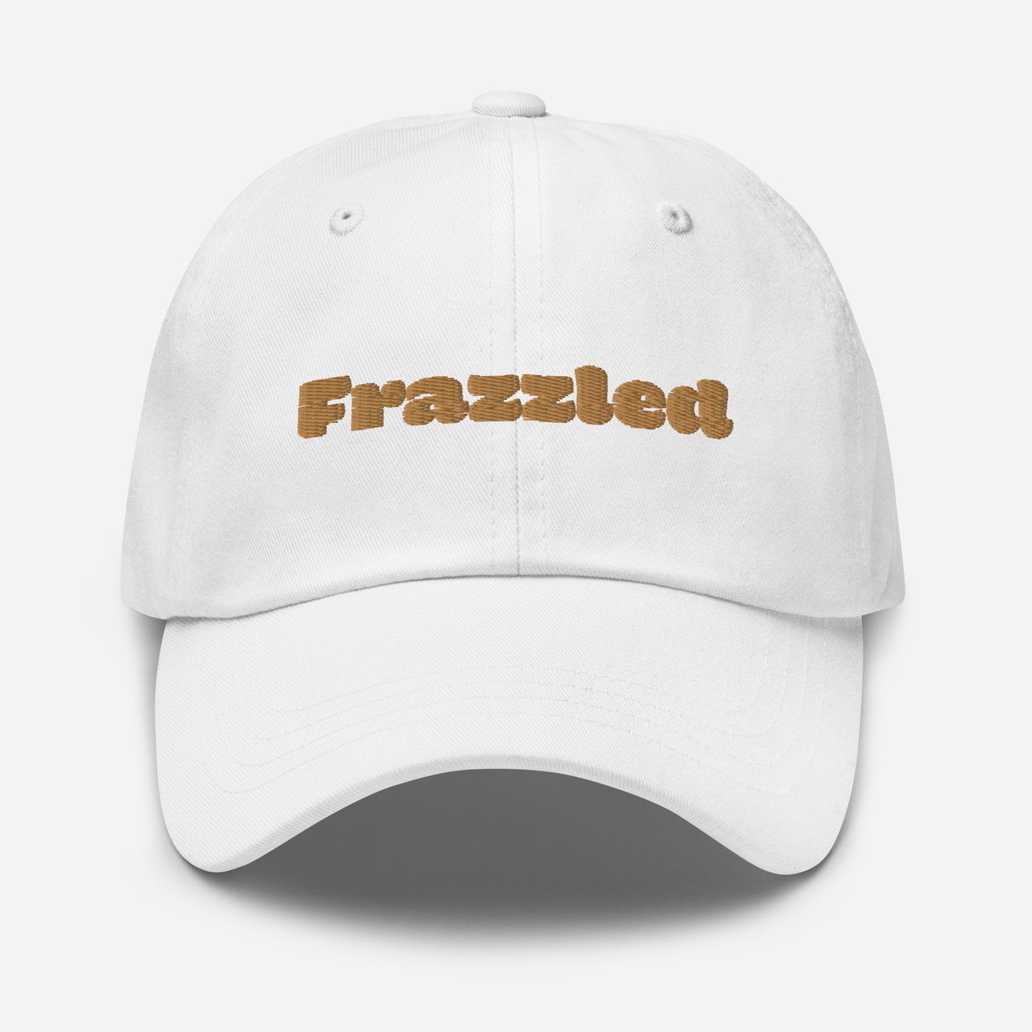 Los Angeles city editions with “Frazzled” type in gold embroidery on white casual dad hat front view on white background