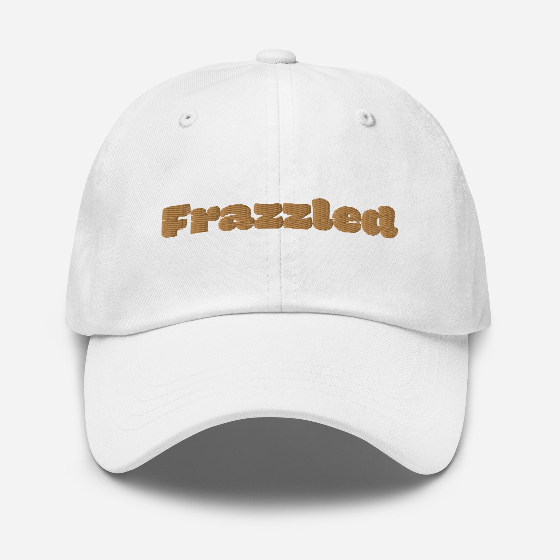 Los Angeles city editions with “Frazzled” type in gold embroidery on white casual dad hat front view on white background