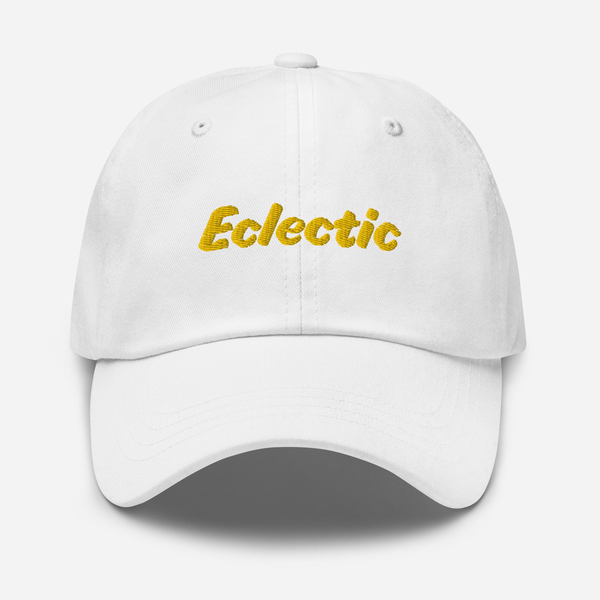 Austin city editions with “Eclectic” type in yellow embroidery on white casual dad hat front view on white background