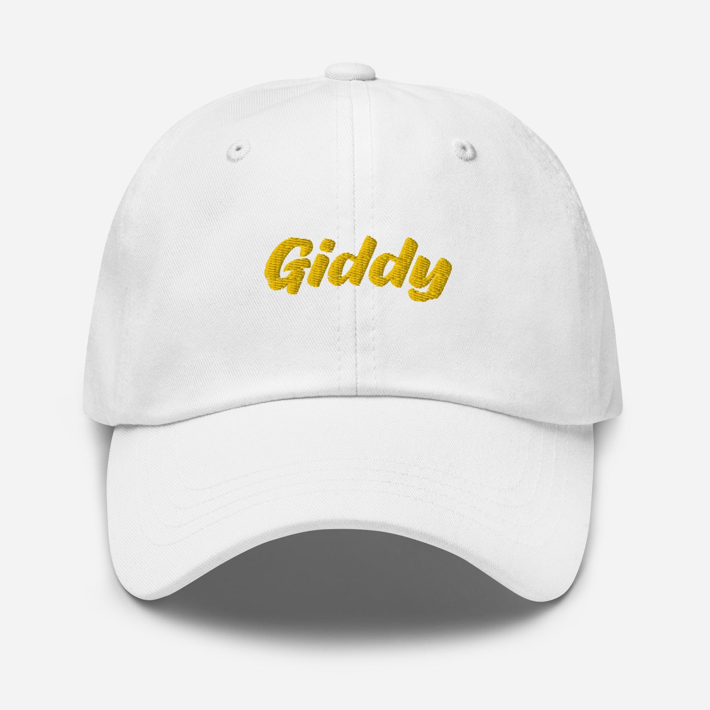 Austin city editions with “Giddy” type in yellow embroidery on white casual dad hat front view on white background
