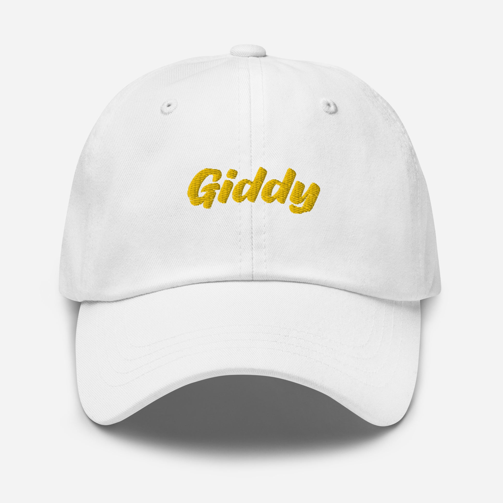 Austin city editions with “Giddy” type in yellow embroidery on white casual dad hat front view on white background