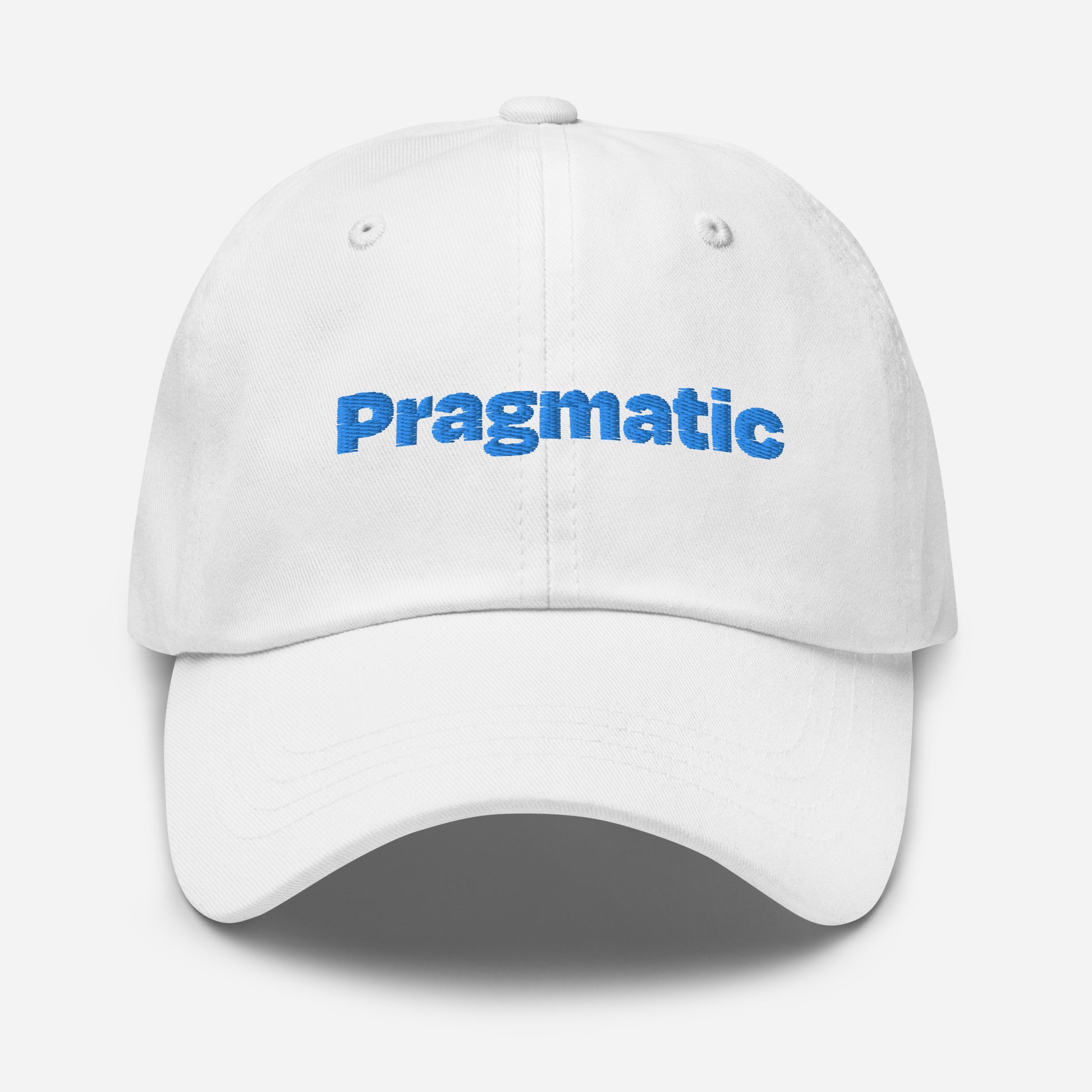 Chicago city editions with “Pragmatic” type in blue embroidery on white casual dad hat front view on white background