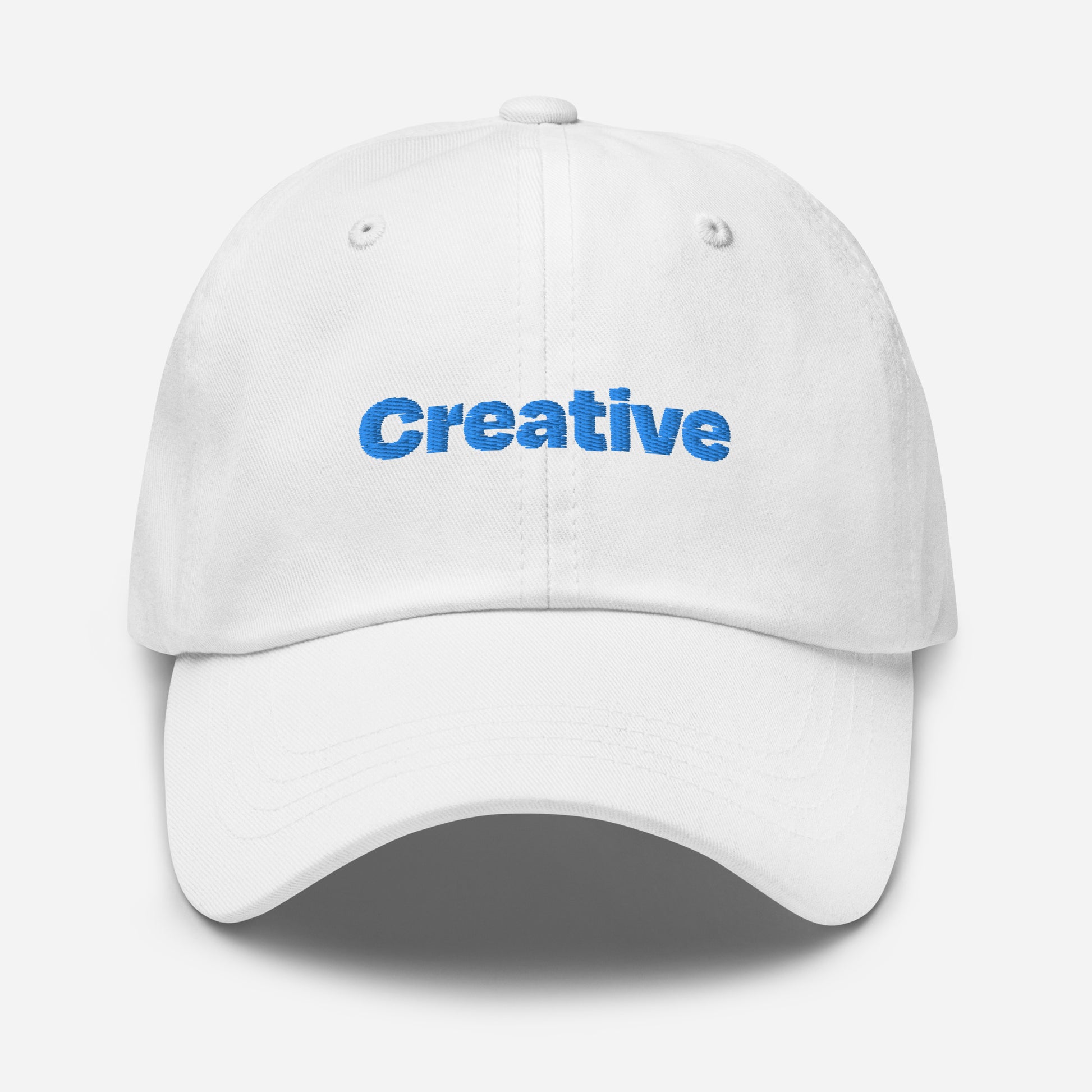 Chicago city editions with “Creative” type in blue embroidery on white casual dad hat front view on white background