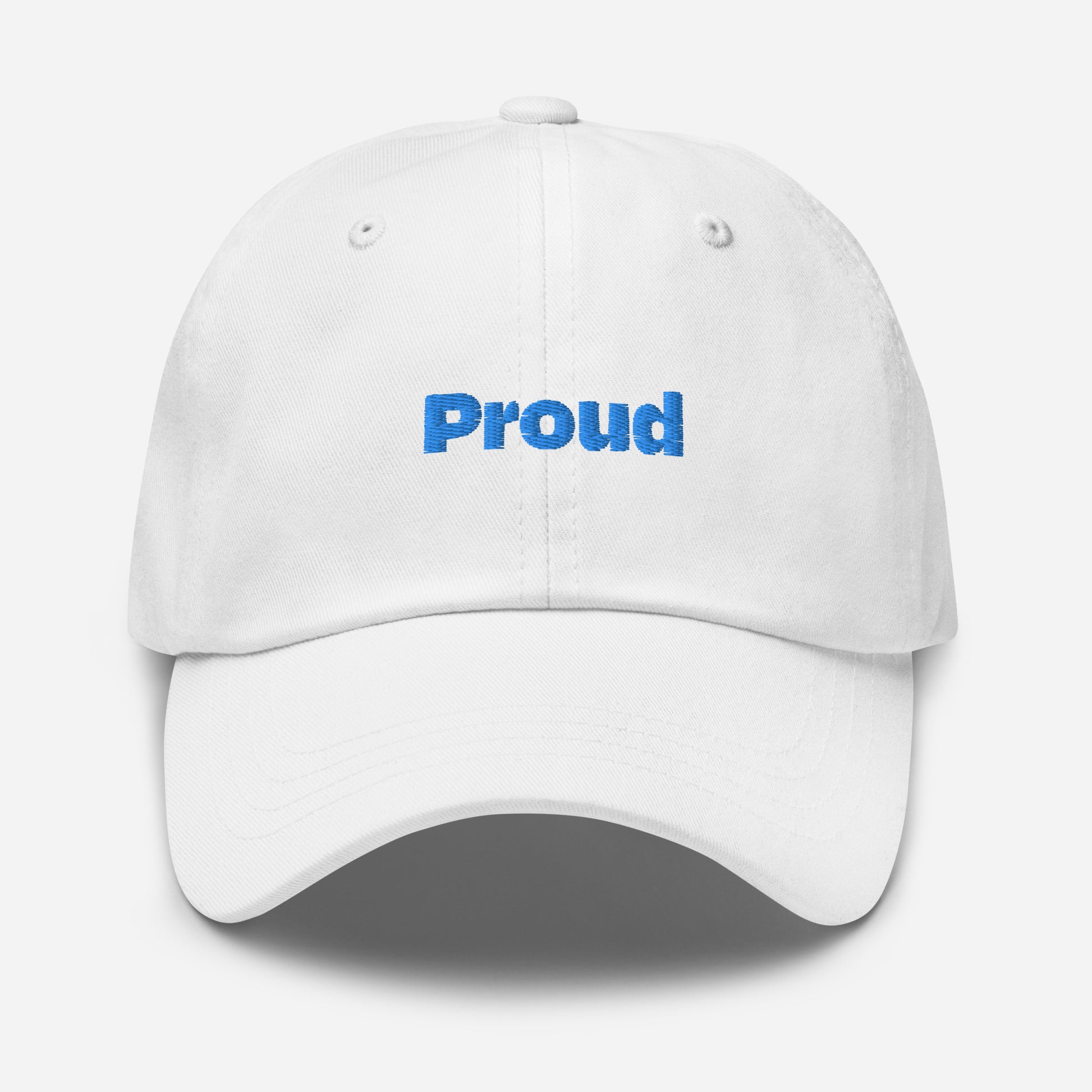 Chicago city editions with “Proud” type in blue embroidery on white casual dad hat front view on white background