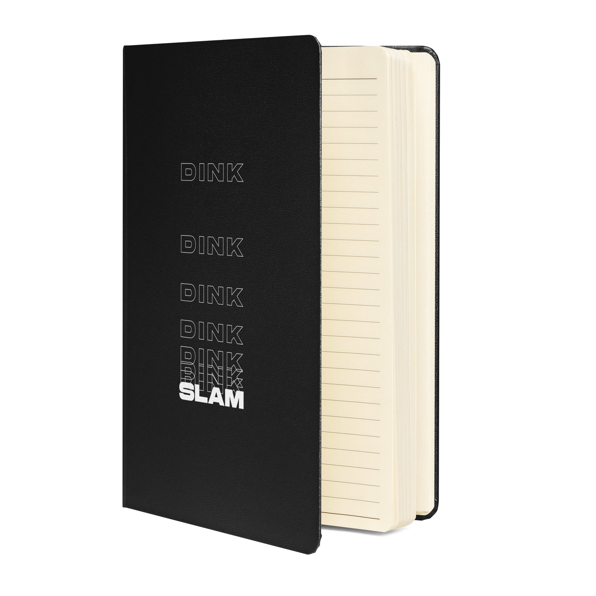 Dink Dink Slam type on black notebook, front view, slightly open, on white background