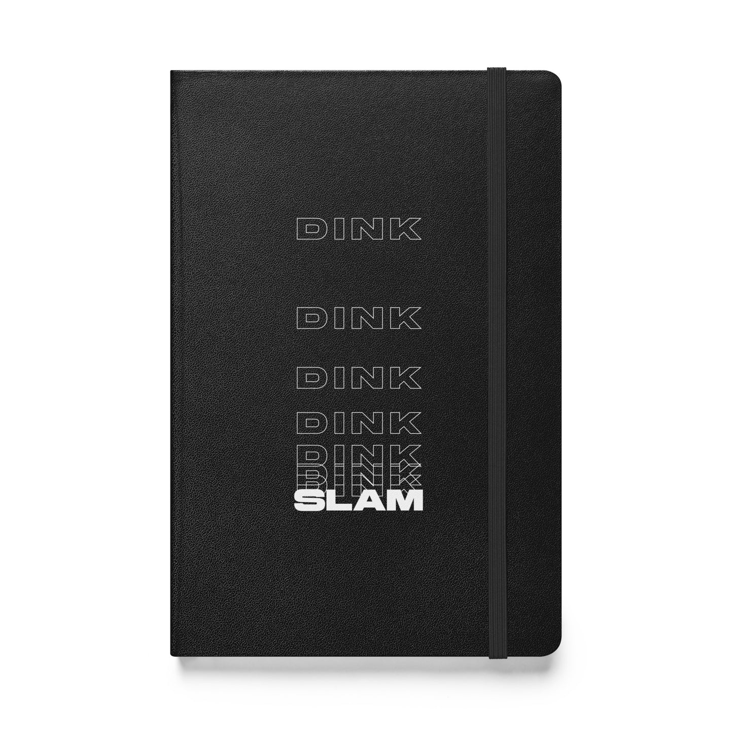 Dink Dink Slam type on black notebook, front view on white background