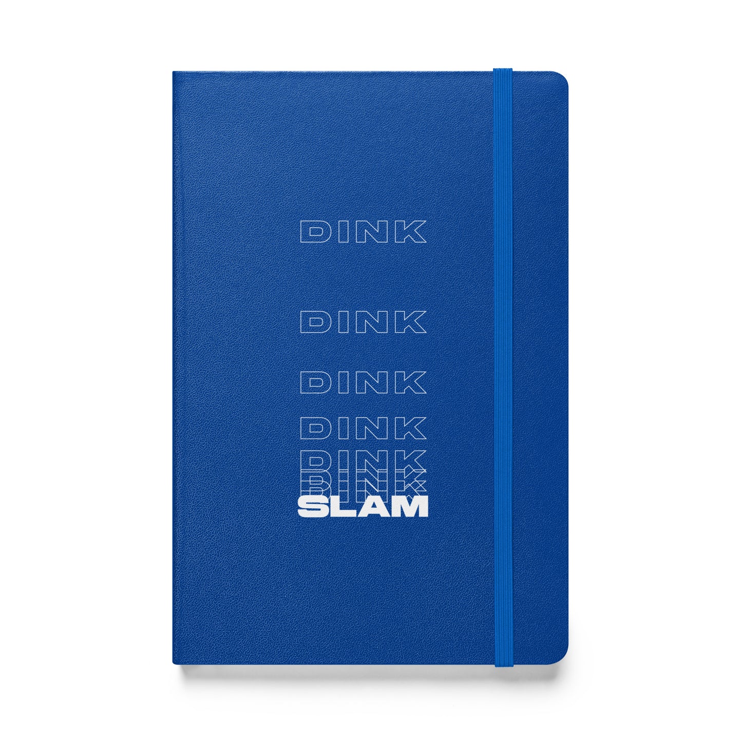 Dink Dink Slam type on bright blue notebook, front view on white background