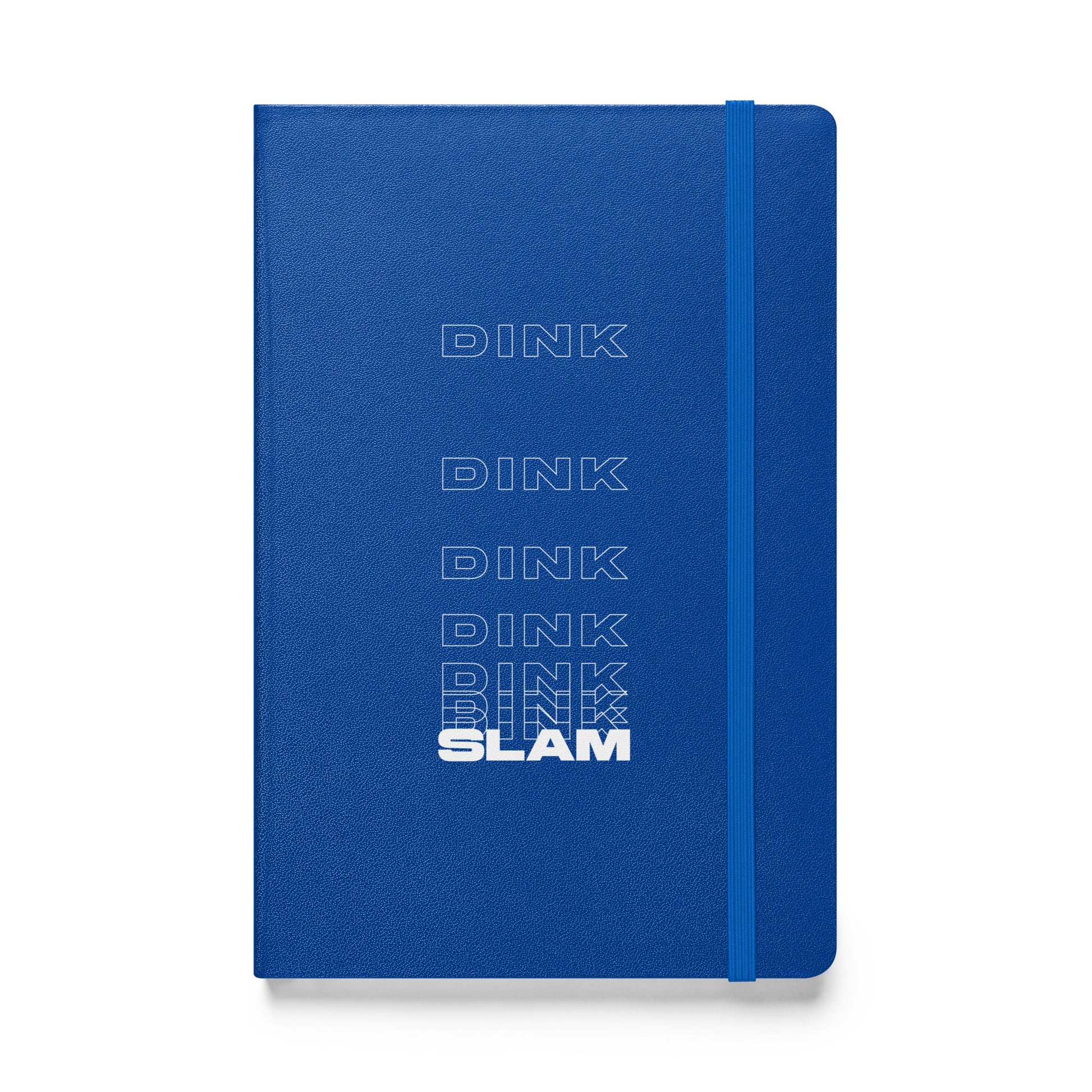 Dink Dink Slam type on bright blue notebook, front view on white background