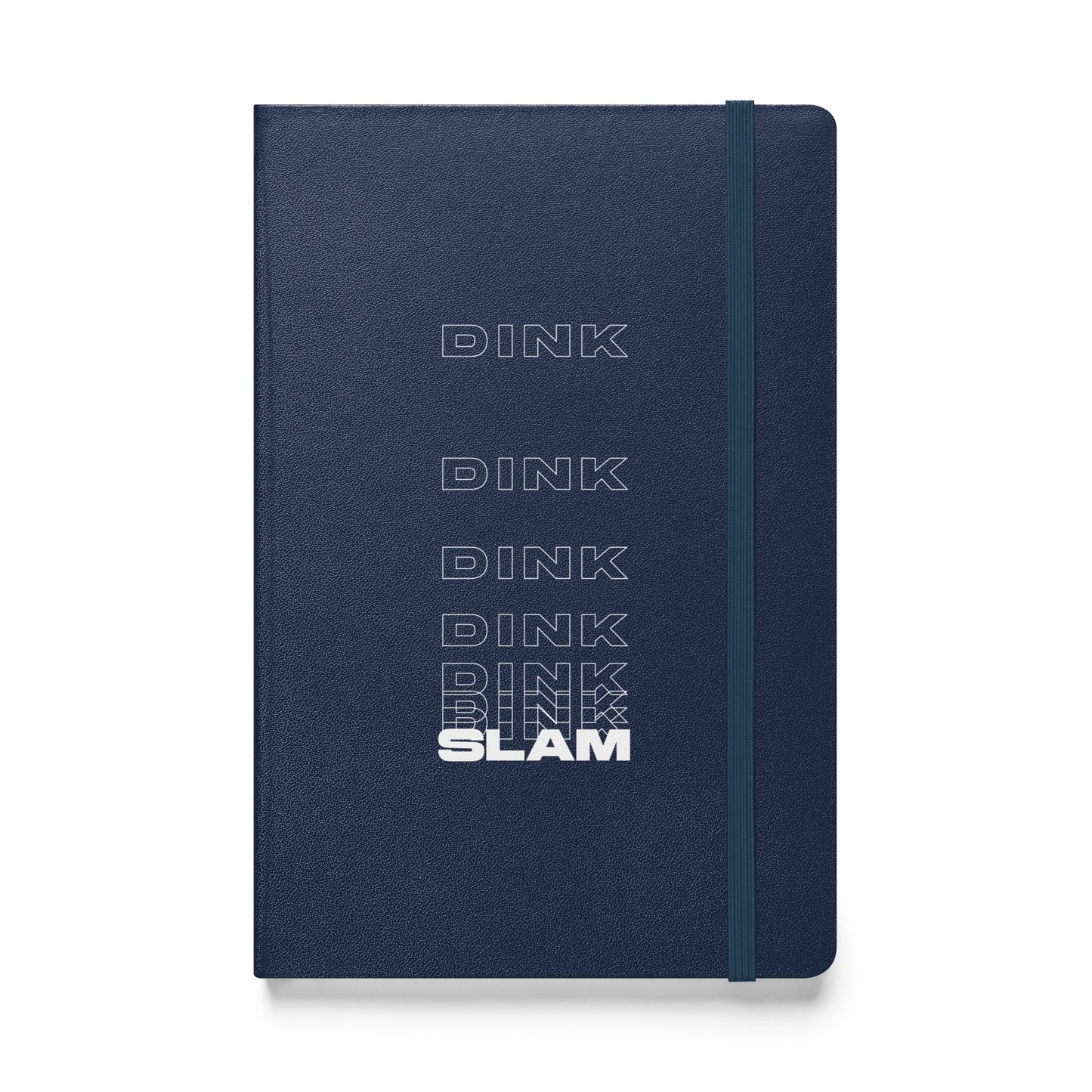 Dink Dink Slam type on navy blue notebook, front view on white background