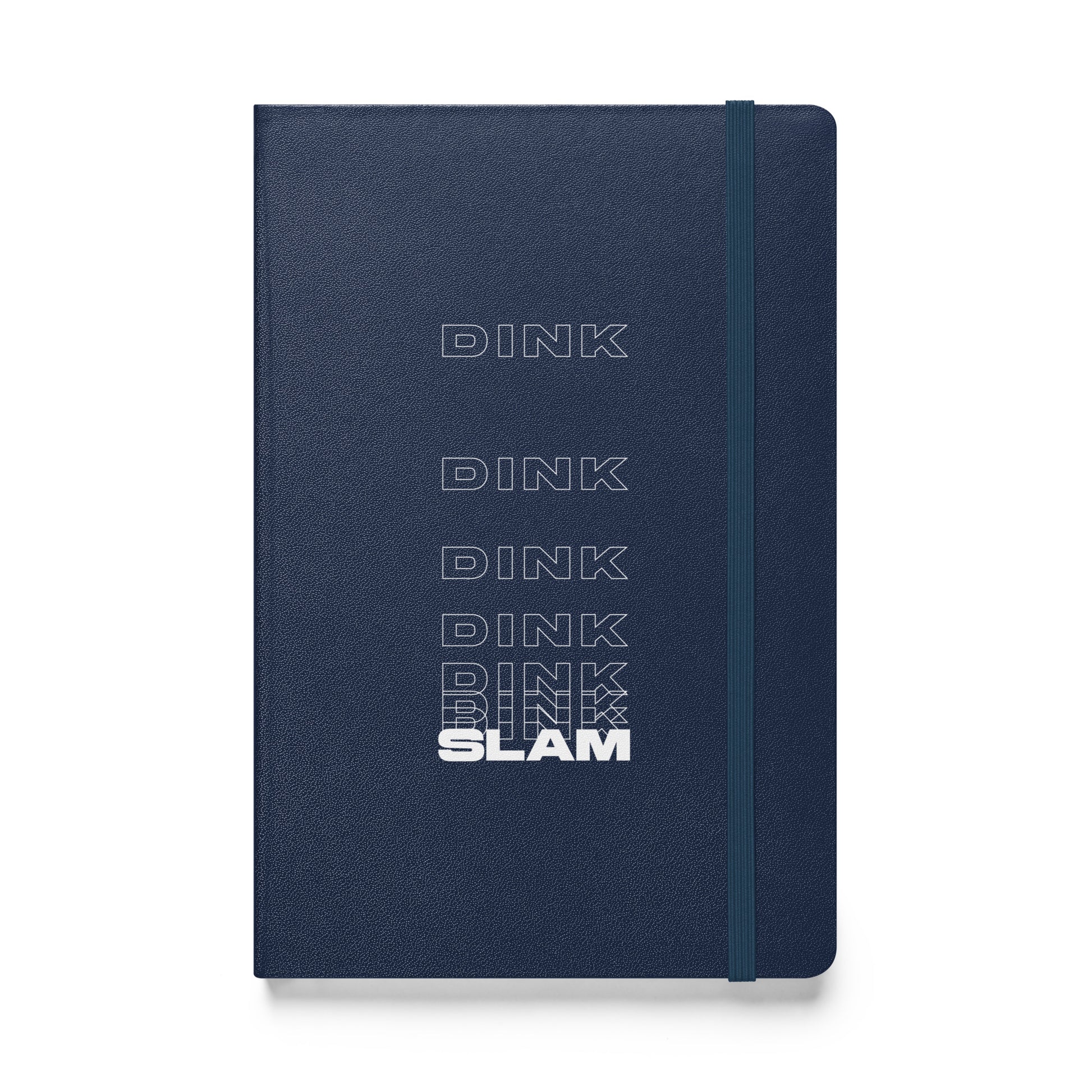 Dink Dink Slam type on navy blue notebook, front view on white background