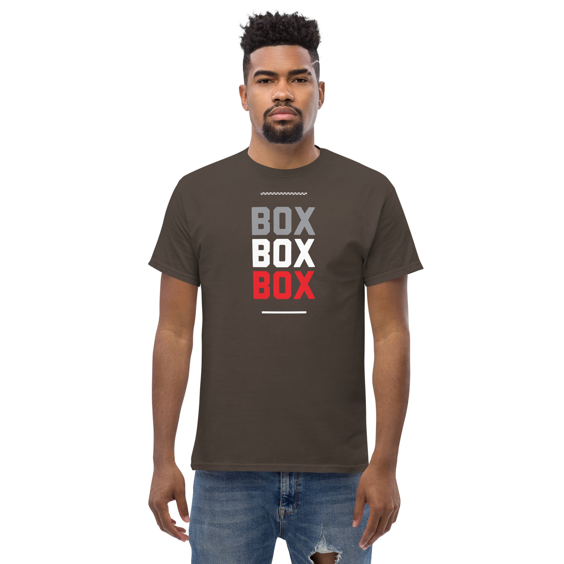 Race Day collection with Box Box Box type on dark brown t-shirt on male model
