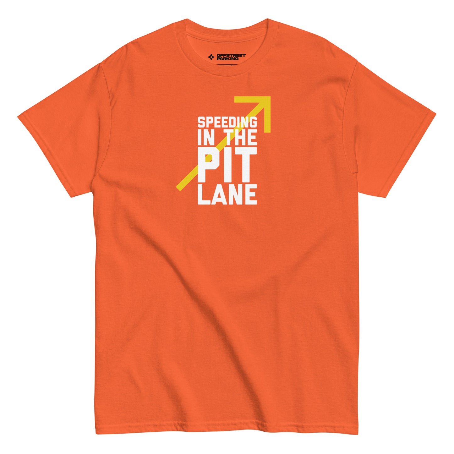 Race Day collection with Speeding In The Pit Lane type on orange t-shirt on white background