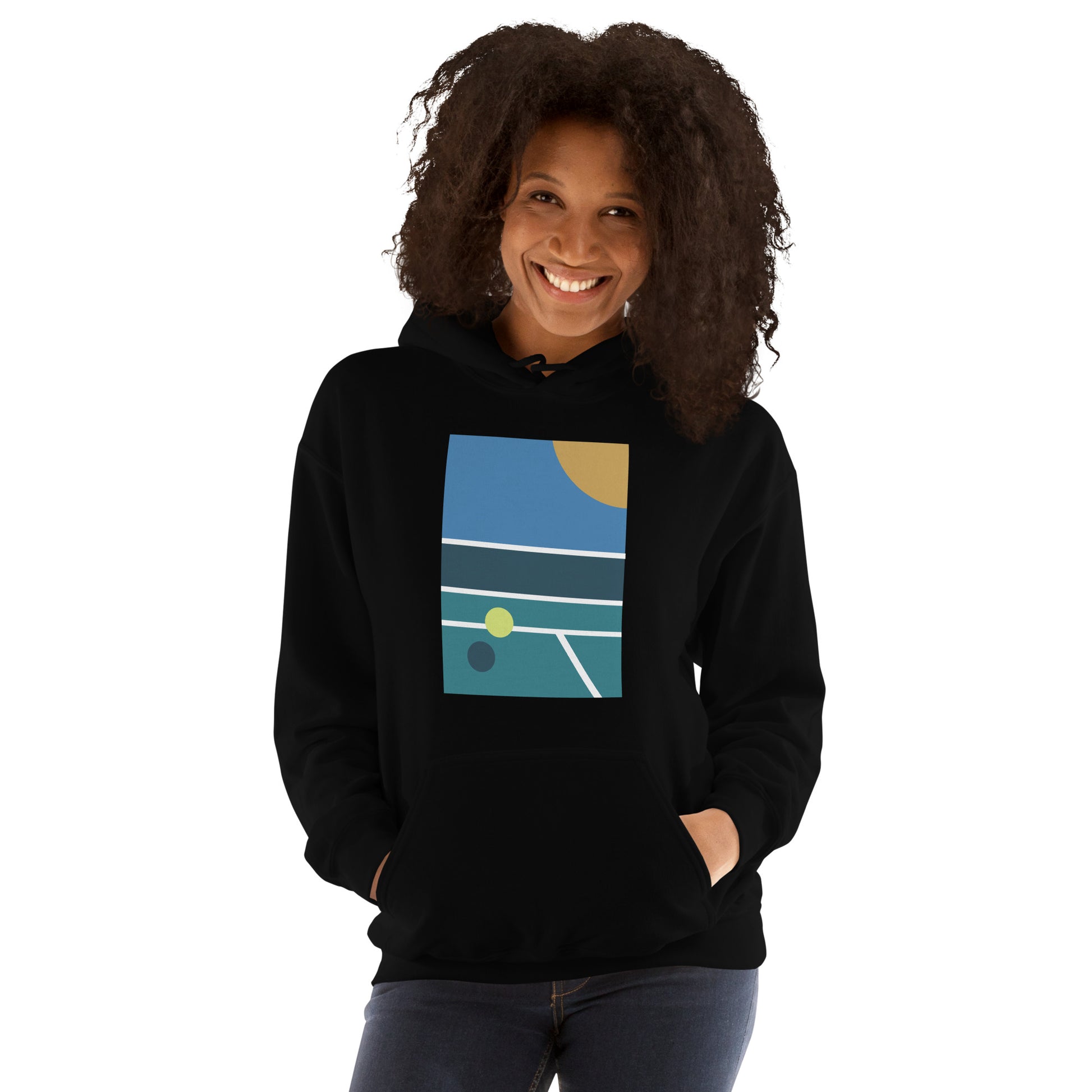 minimalist pickleball court scene on black hoodie, front view on female model