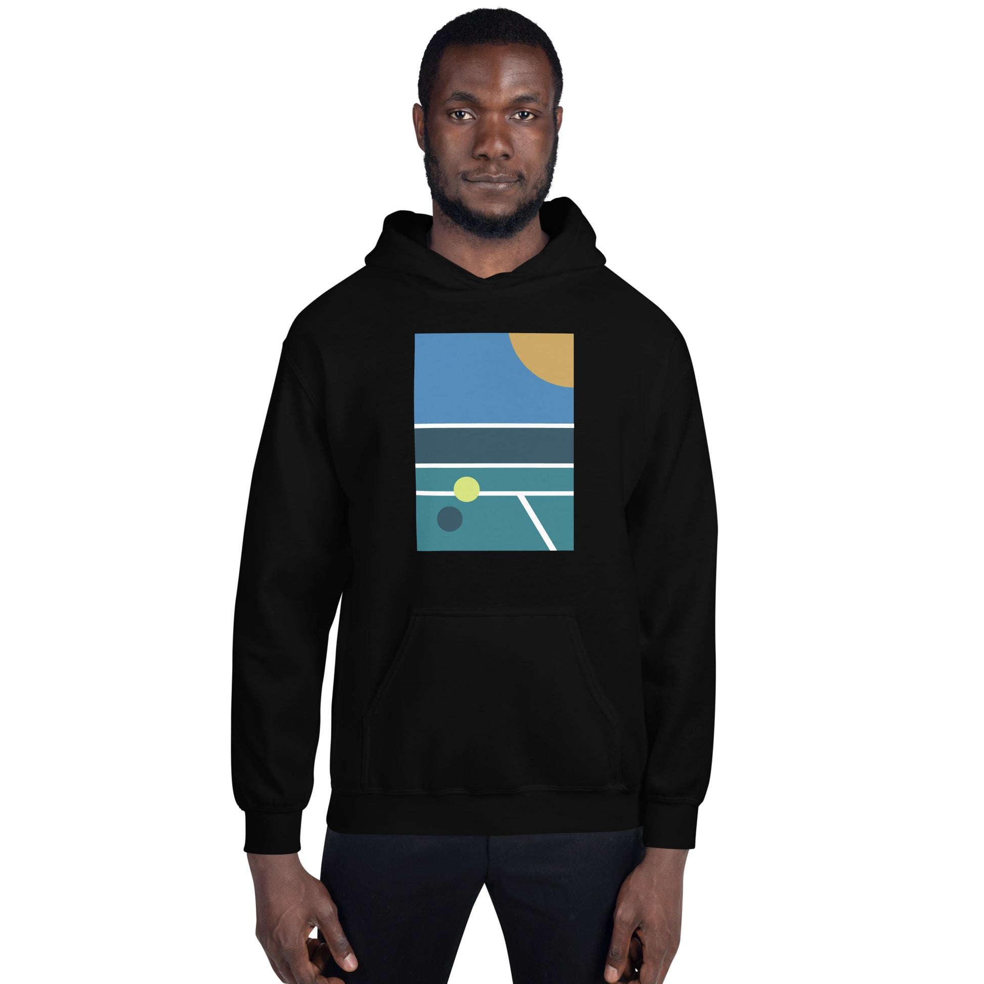 minimalist pickleball court scene on black hoodie, front view on male model
