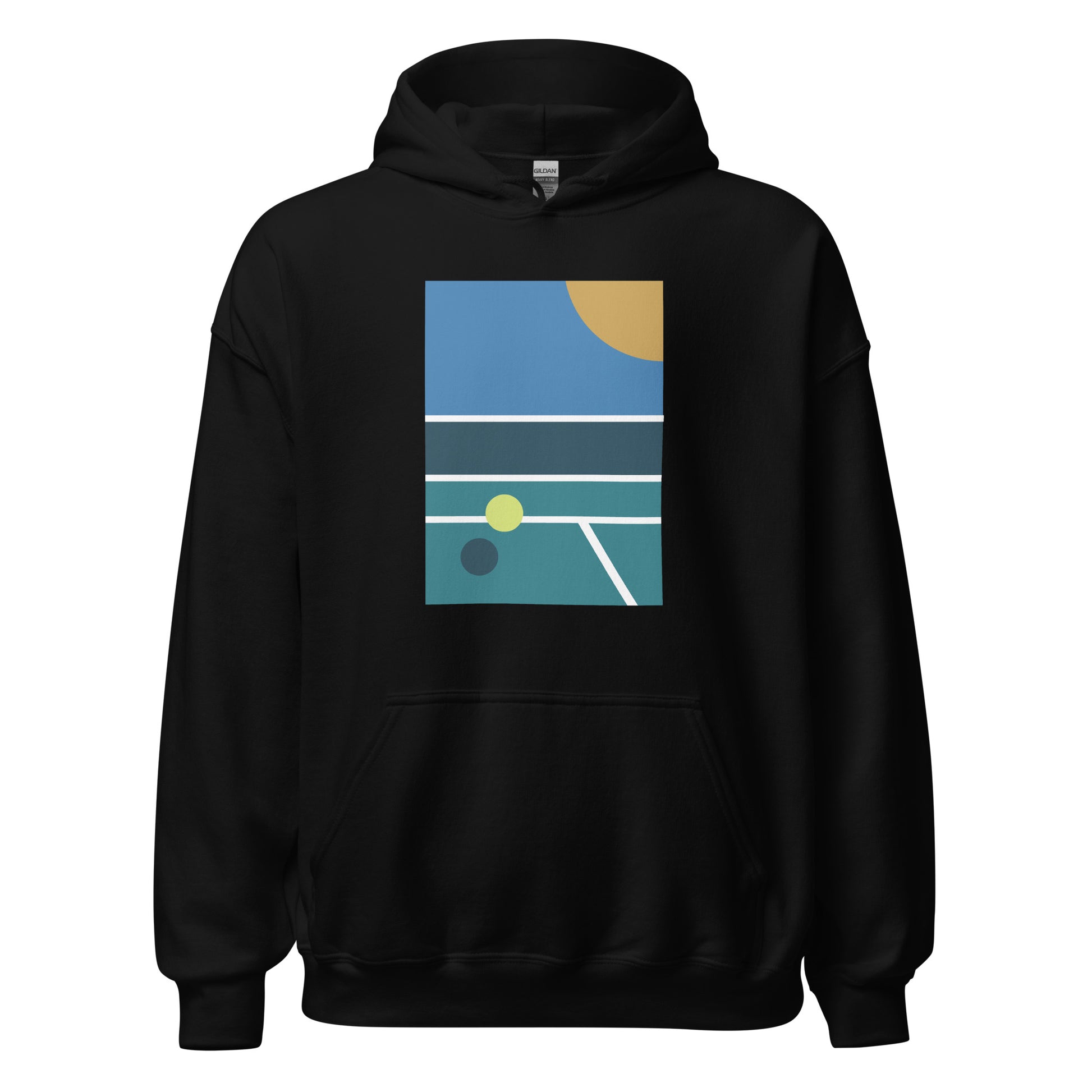 minimalist pickleball court scene on black hoodie, front view on white background
