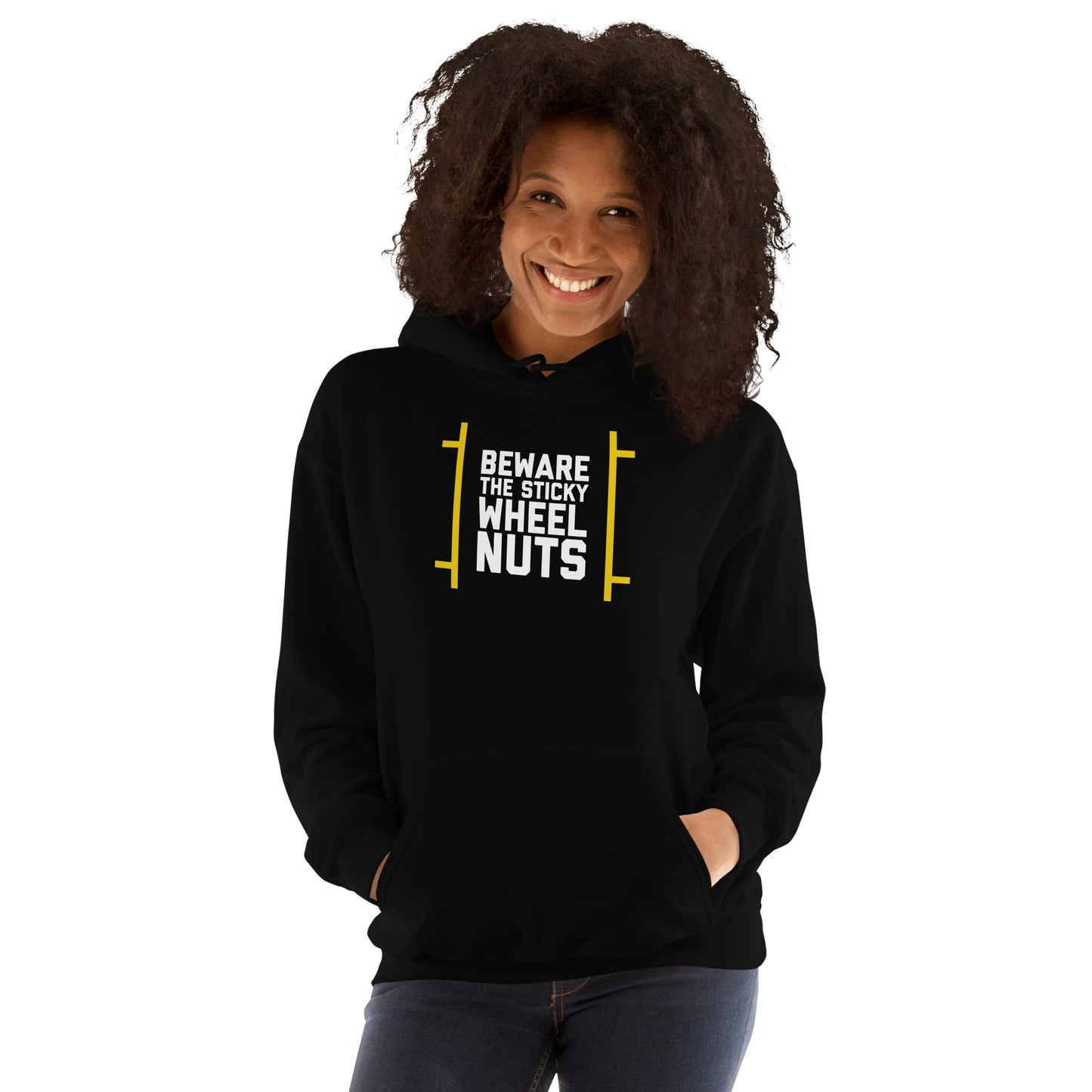 Beware The Sticky Wheel Nuts text on black hoodie, front view on female model