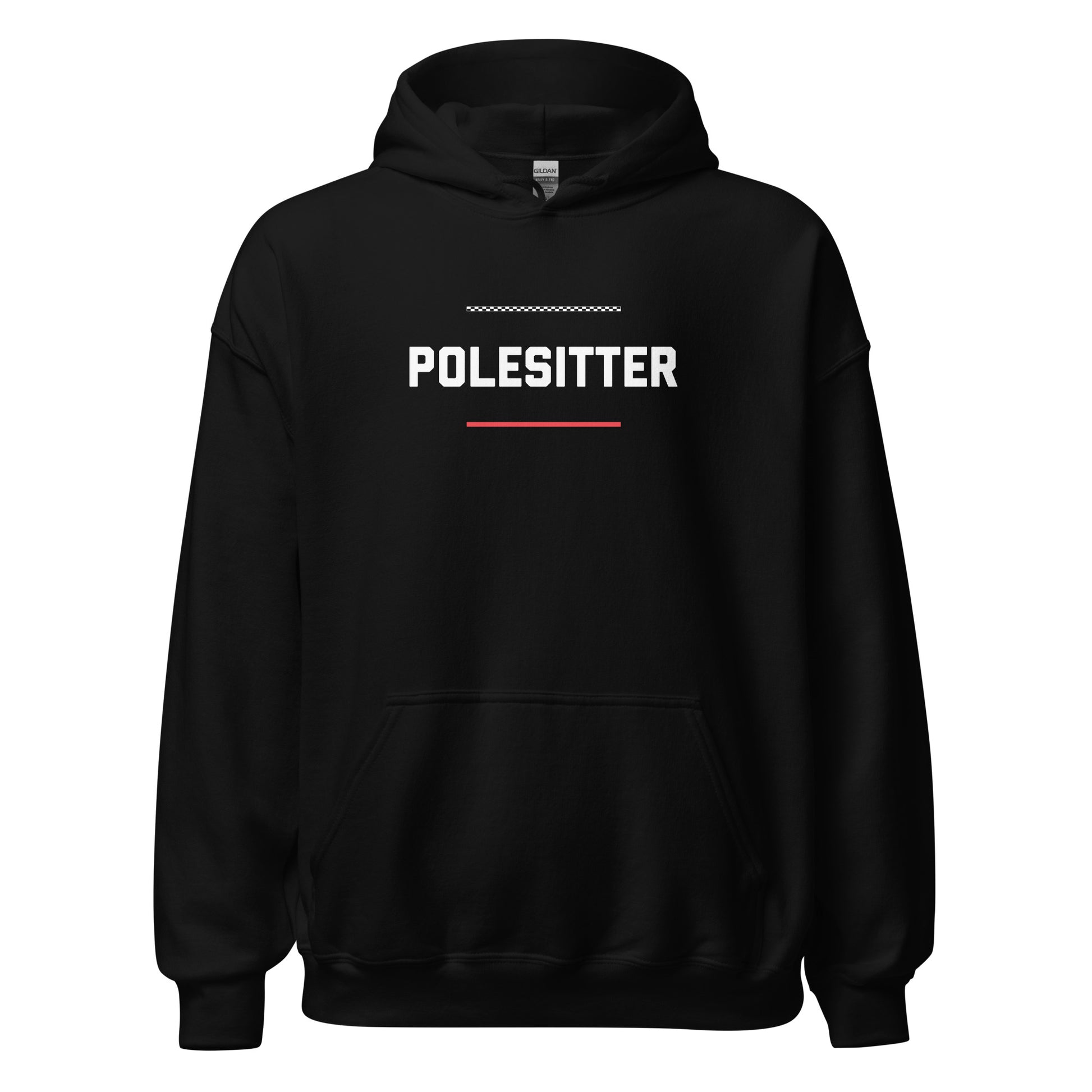 Polesitter text on black hoodie, front view on white background